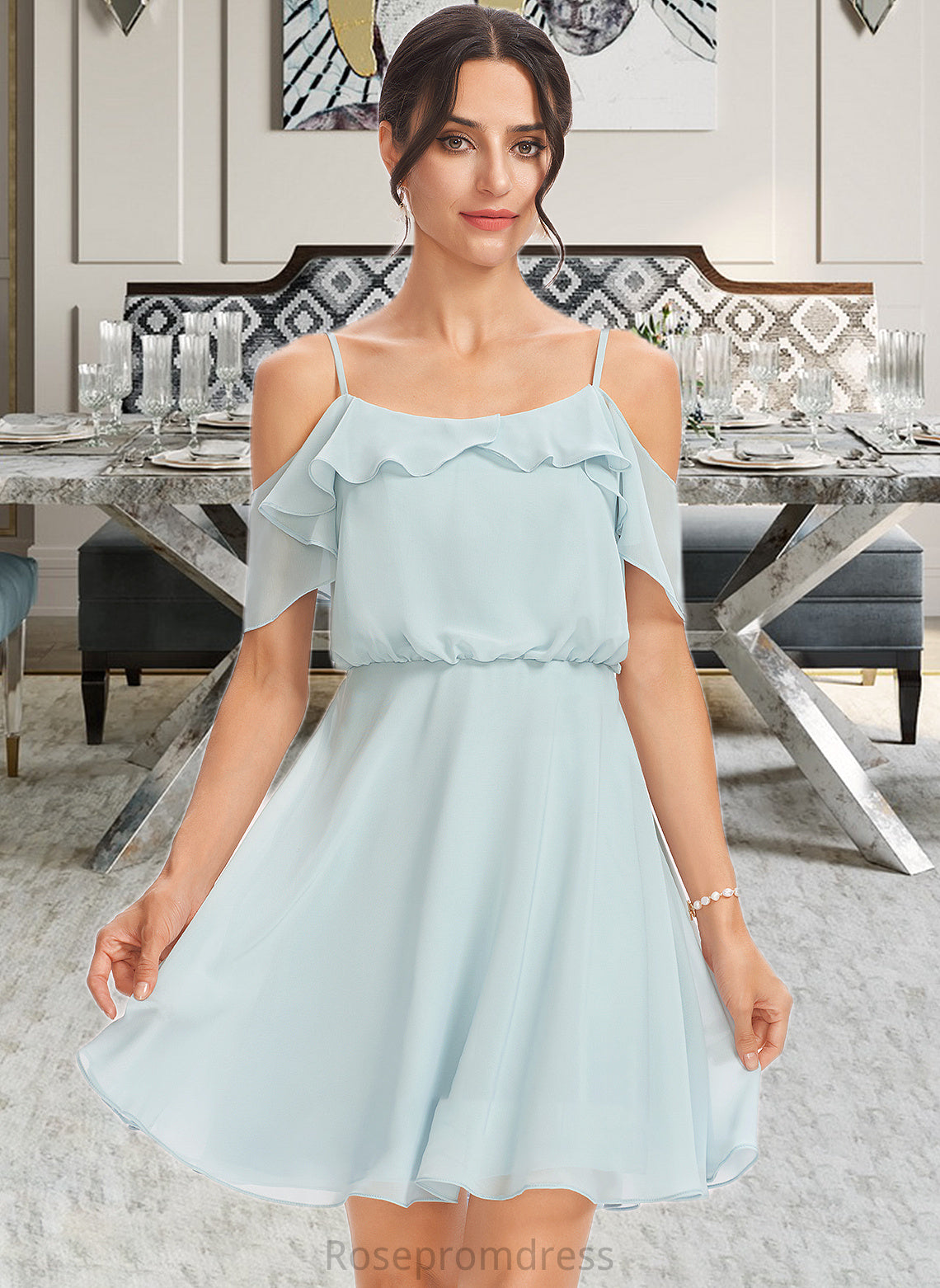 Jazmin A-Line V-neck Short/Mini Bridesmaid Dress With Cascading Ruffles SRSP0013023