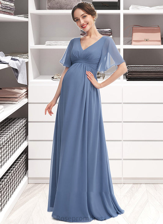 Madyson A-Line V-neck Floor-Length Bridesmaid Dress With Ruffle SRSP0013024