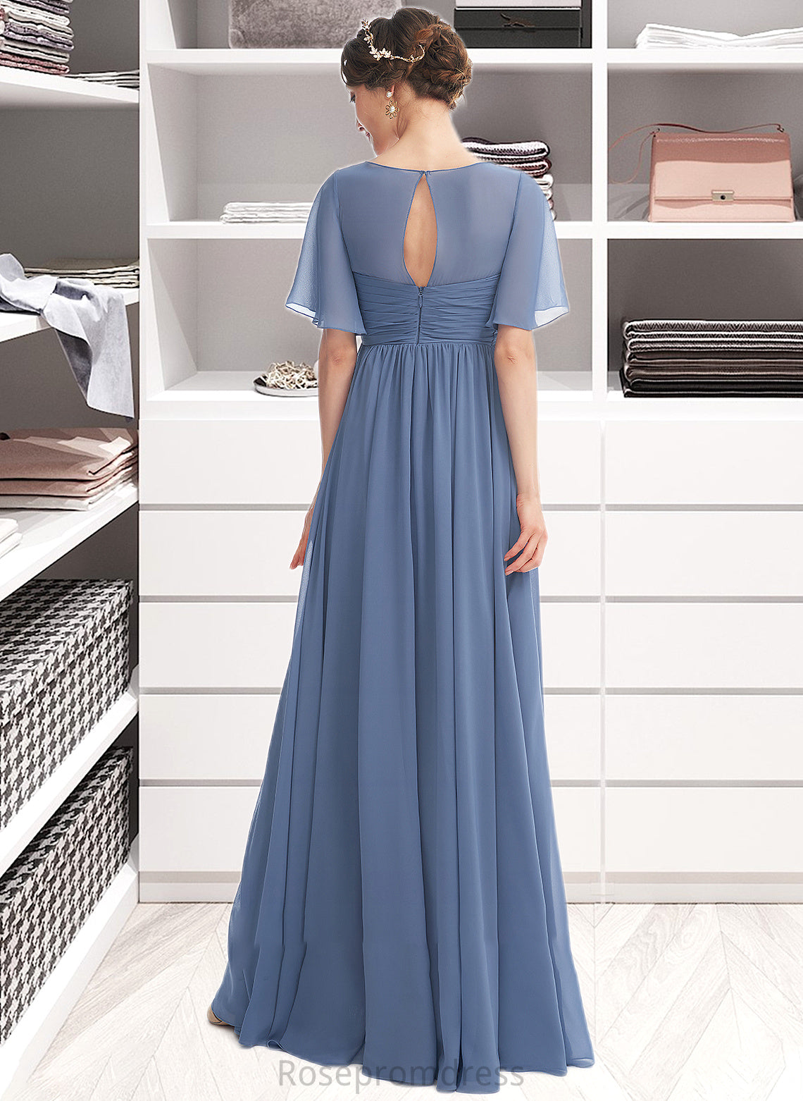 Madyson A-Line V-neck Floor-Length Bridesmaid Dress With Ruffle SRSP0013024