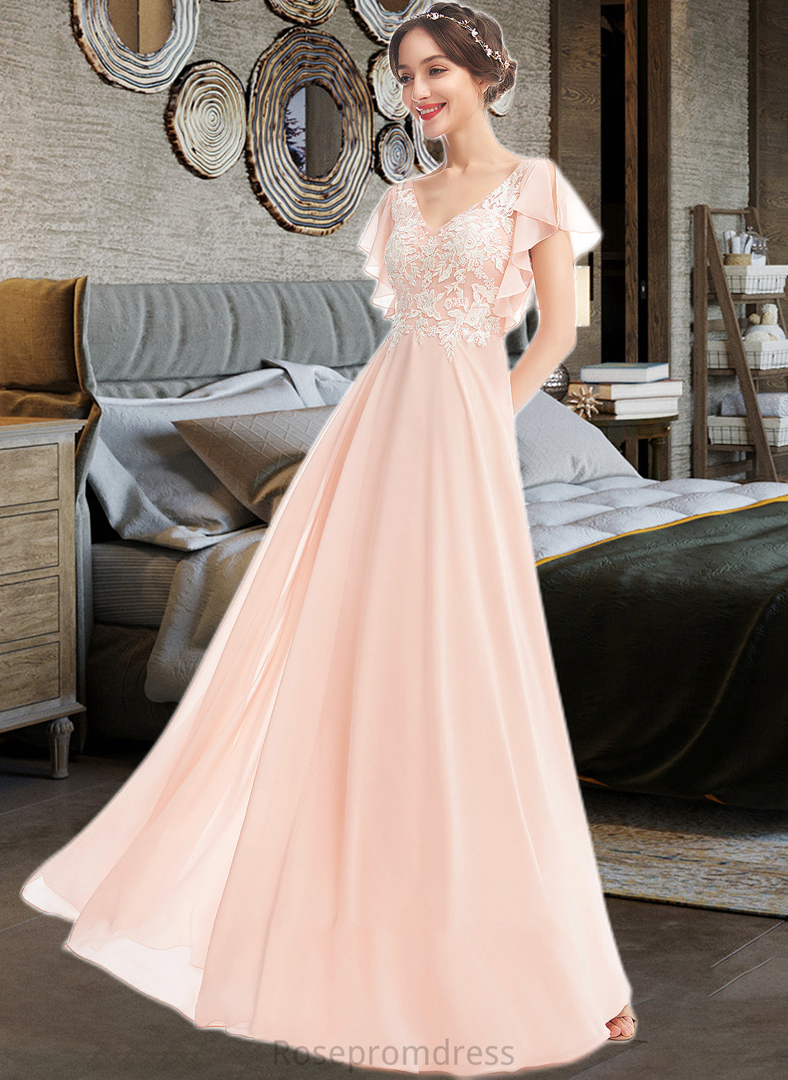 Marie A-Line V-neck Floor-Length Bridesmaid Dress With Ruffle SRSP0013025