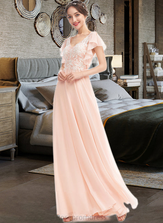 Marie A-Line V-neck Floor-Length Bridesmaid Dress With Ruffle SRSP0013025