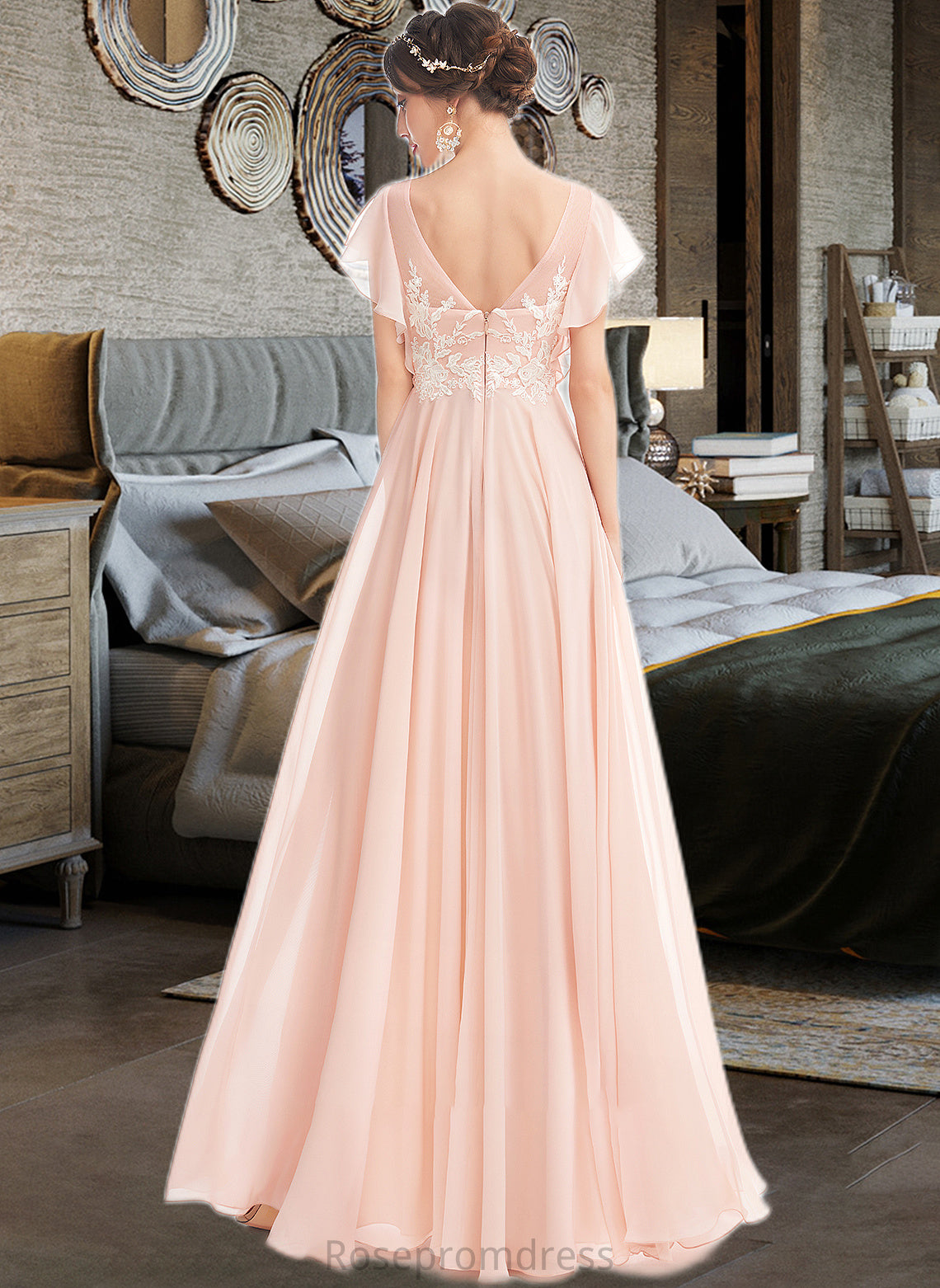 Marie A-Line V-neck Floor-Length Bridesmaid Dress With Ruffle SRSP0013025