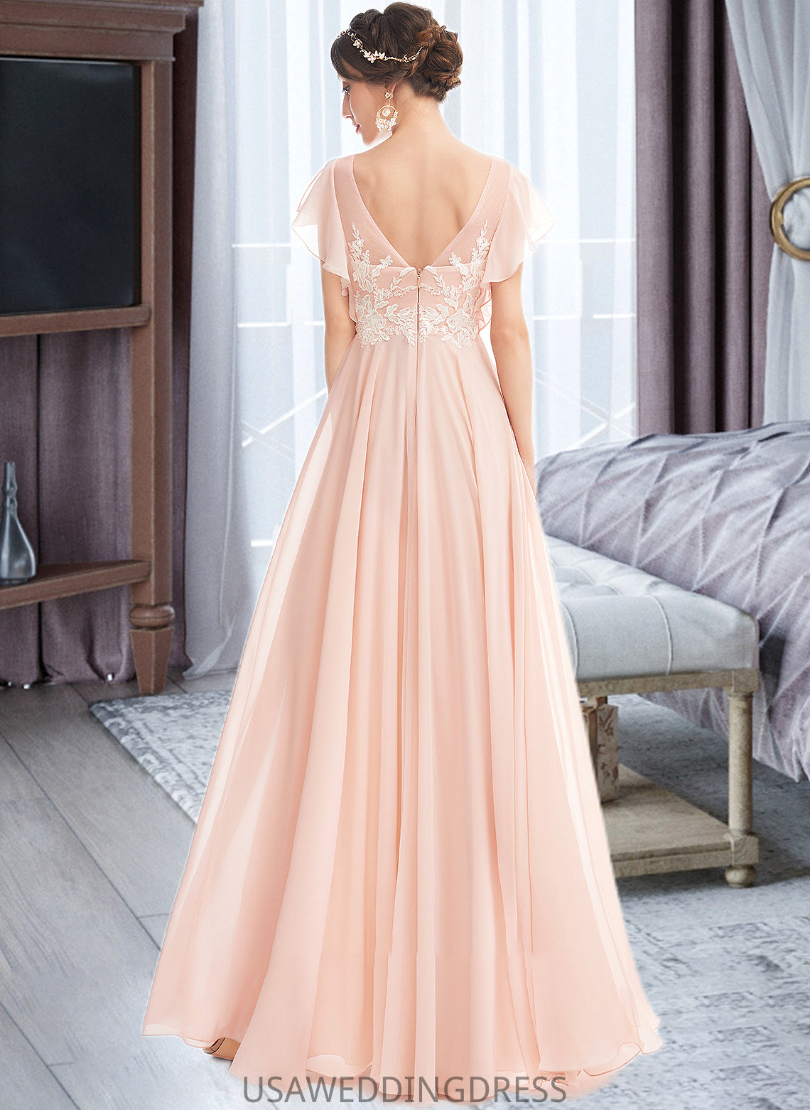 Karma A-Line V-neck Floor-Length Bridesmaid Dress With Ruffle DSP0013025