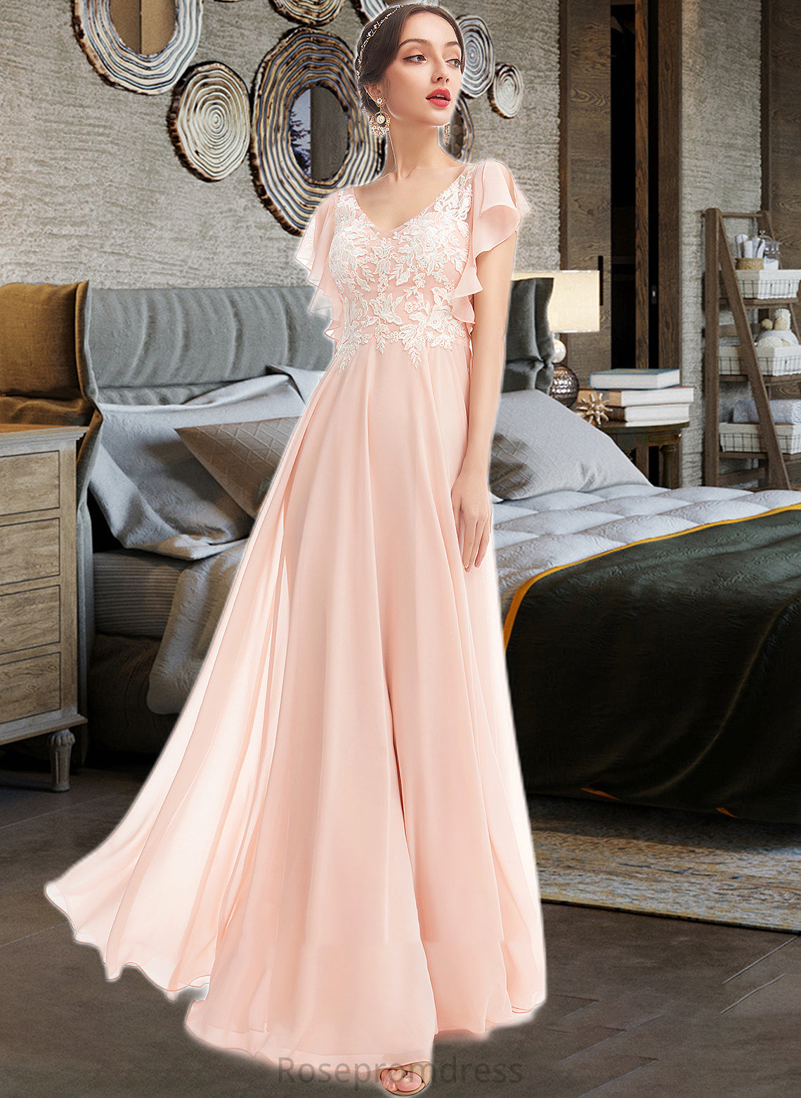 Marie A-Line V-neck Floor-Length Bridesmaid Dress With Ruffle SRSP0013025