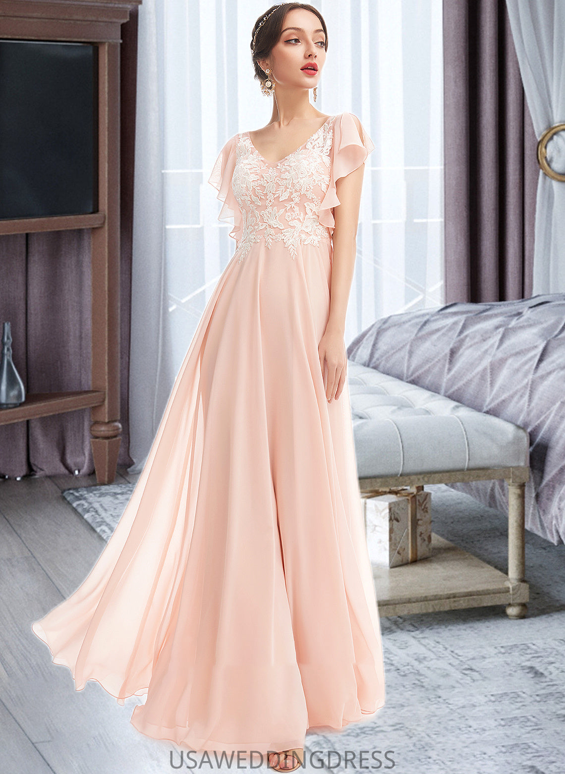 Karma A-Line V-neck Floor-Length Bridesmaid Dress With Ruffle DSP0013025