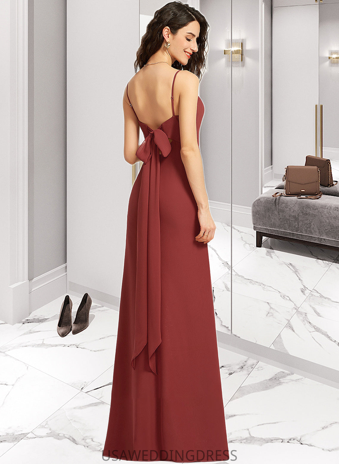 Kaley Sheath/Column Square Neckline Floor-Length Bridesmaid Dress With Split Front DSP0013026