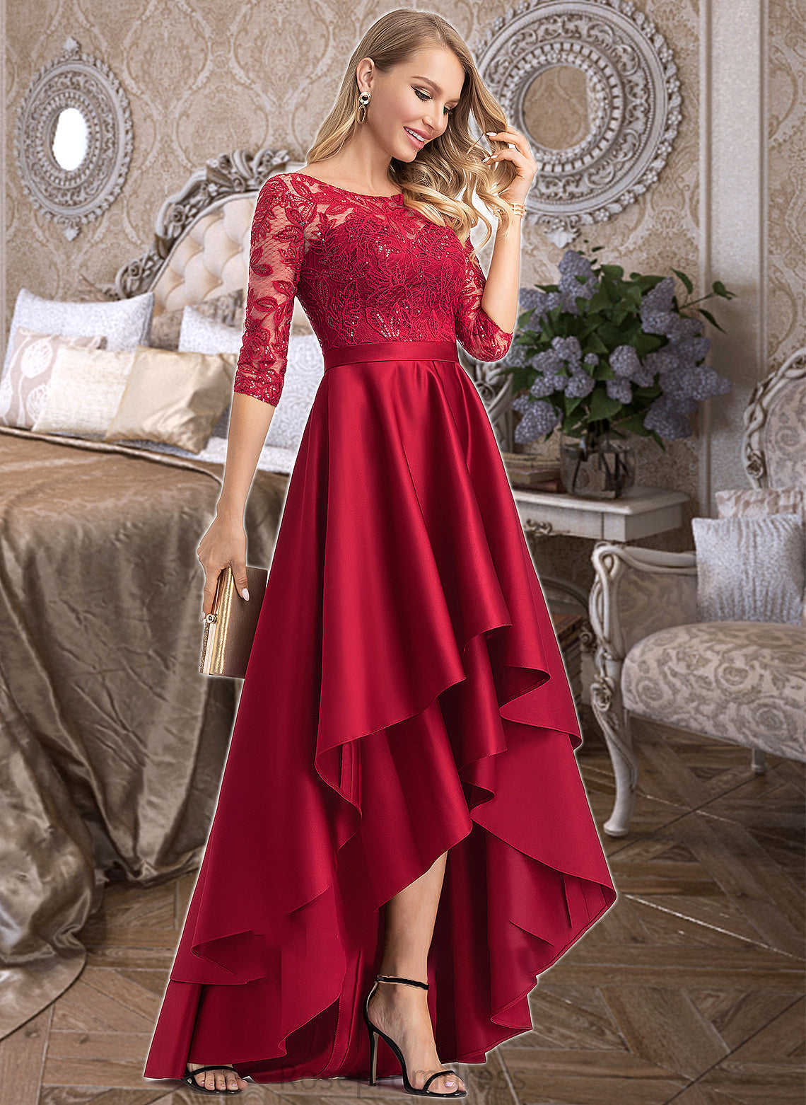 Audrina A-Line Scoop Neck Asymmetrical Satin Bridesmaid Dress With Sequins SRSP0013027