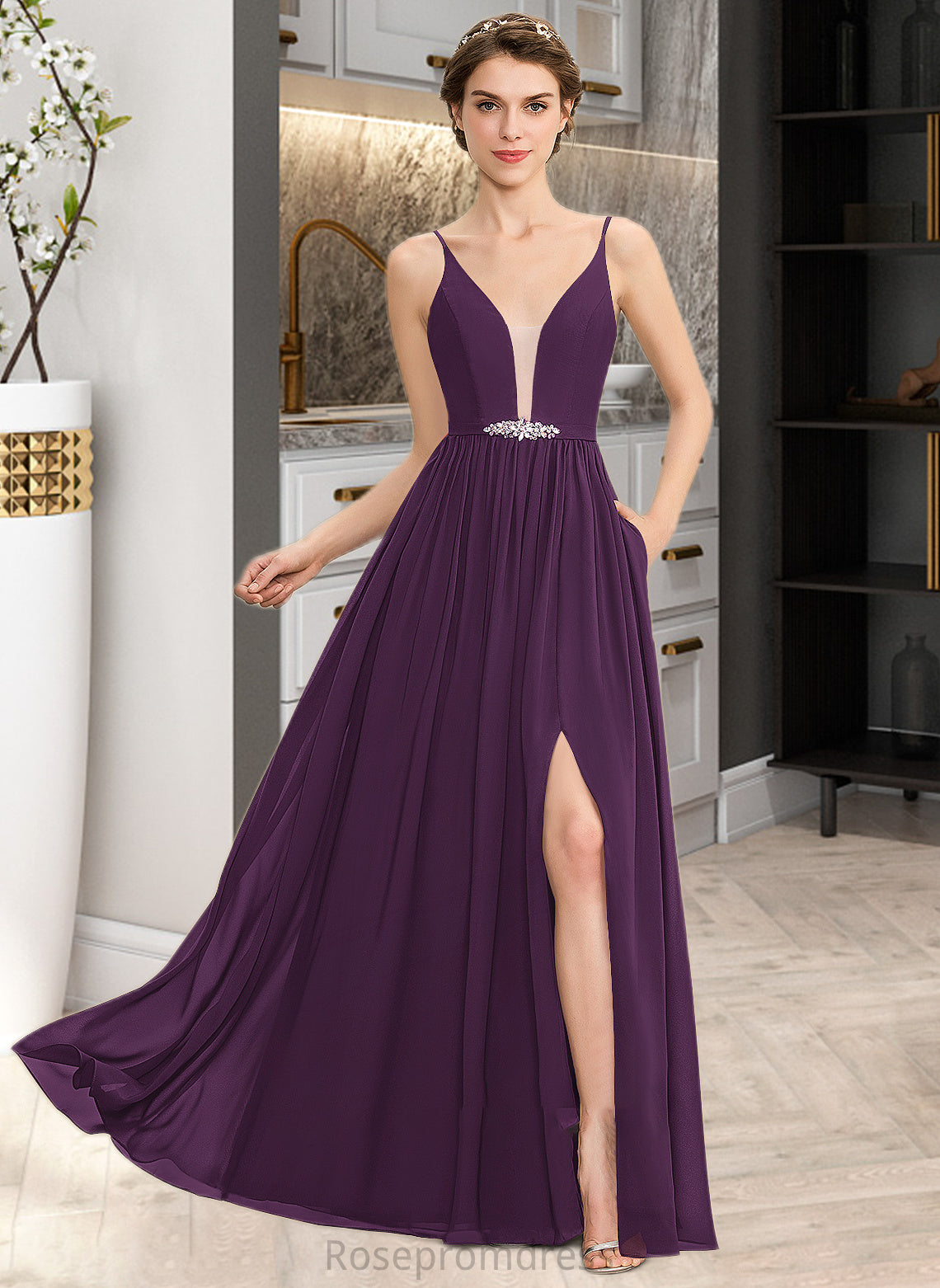 Adison A-Line V-neck Floor-Length Chiffon Bridesmaid Dress With Beading Sequins Split Front Pockets SRSP0013028