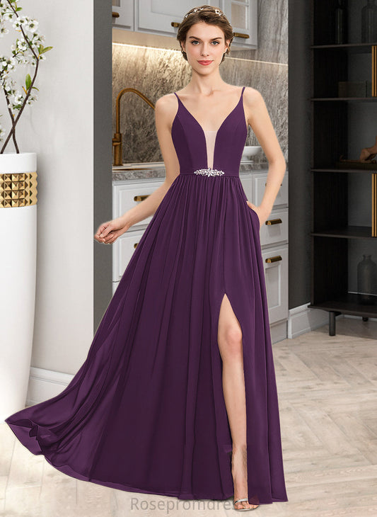 Adison A-Line V-neck Floor-Length Chiffon Bridesmaid Dress With Beading Sequins Split Front Pockets SRSP0013028