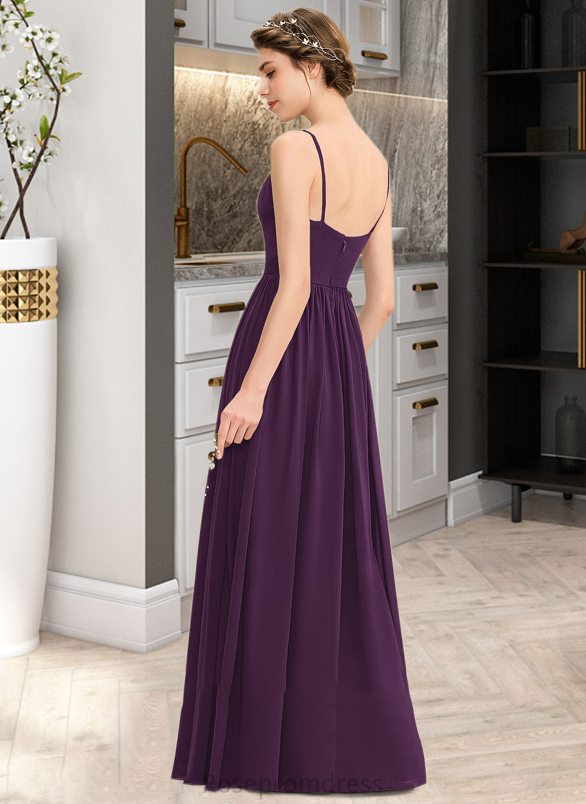 Adison A-Line V-neck Floor-Length Chiffon Bridesmaid Dress With Beading Sequins Split Front Pockets SRSP0013028
