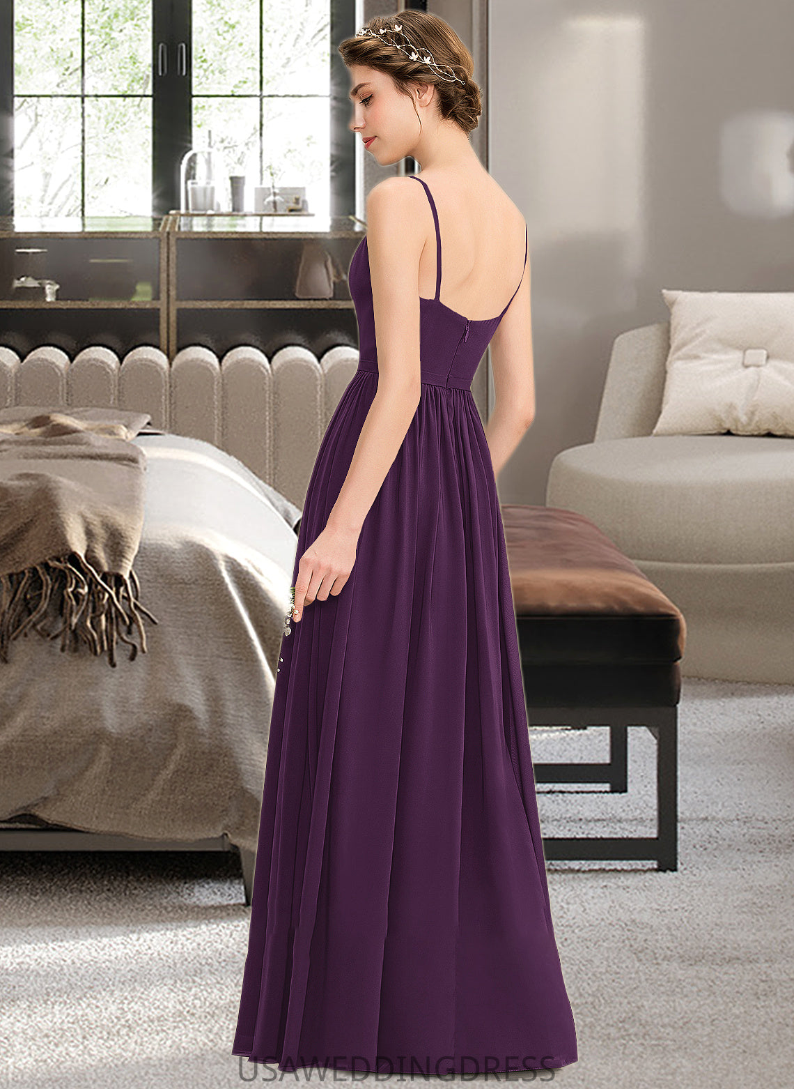 Gill A-Line V-neck Floor-Length Chiffon Bridesmaid Dress With Beading Sequins Split Front Pockets DSP0013028