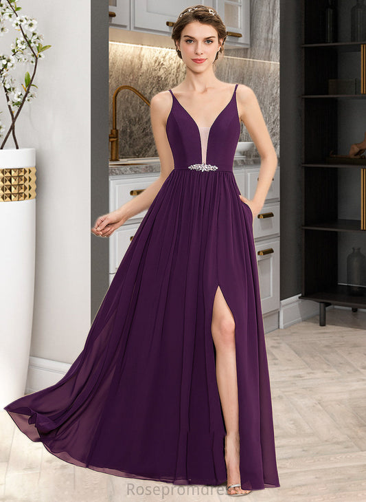Adison A-Line V-neck Floor-Length Chiffon Bridesmaid Dress With Beading Sequins Split Front Pockets SRSP0013028