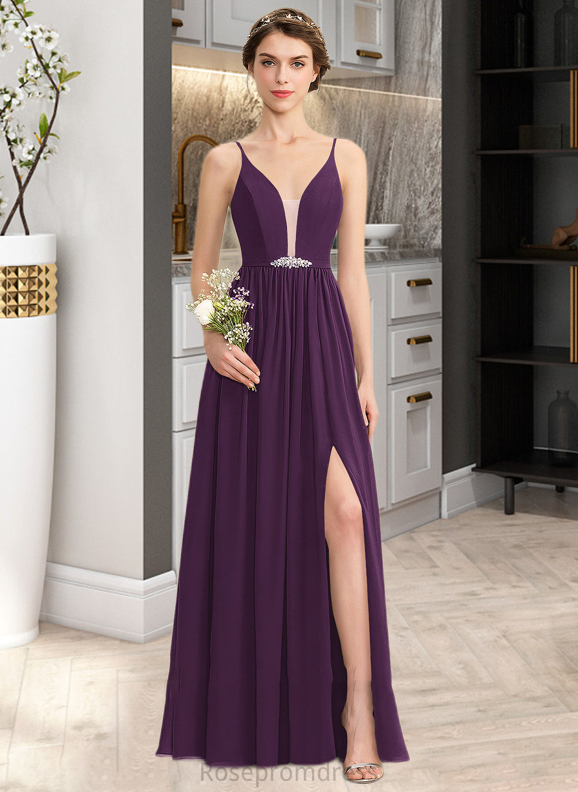Adison A-Line V-neck Floor-Length Chiffon Bridesmaid Dress With Beading Sequins Split Front Pockets SRSP0013028
