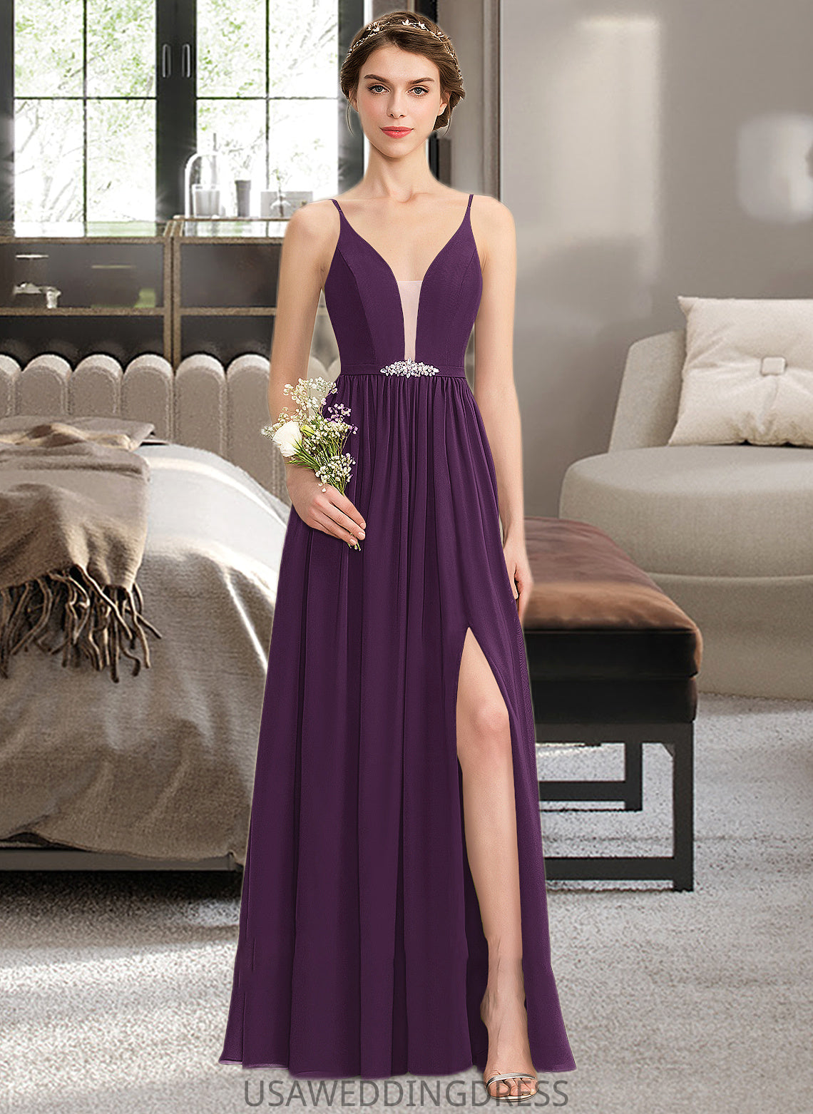Gill A-Line V-neck Floor-Length Chiffon Bridesmaid Dress With Beading Sequins Split Front Pockets DSP0013028