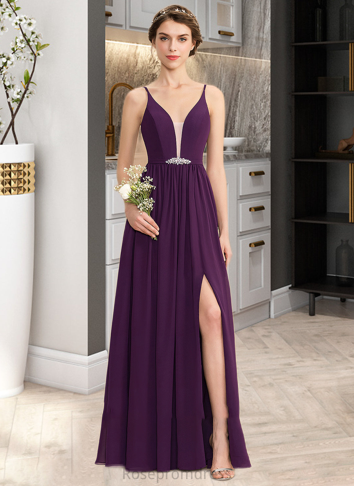 Adison A-Line V-neck Floor-Length Chiffon Bridesmaid Dress With Beading Sequins Split Front Pockets SRSP0013028