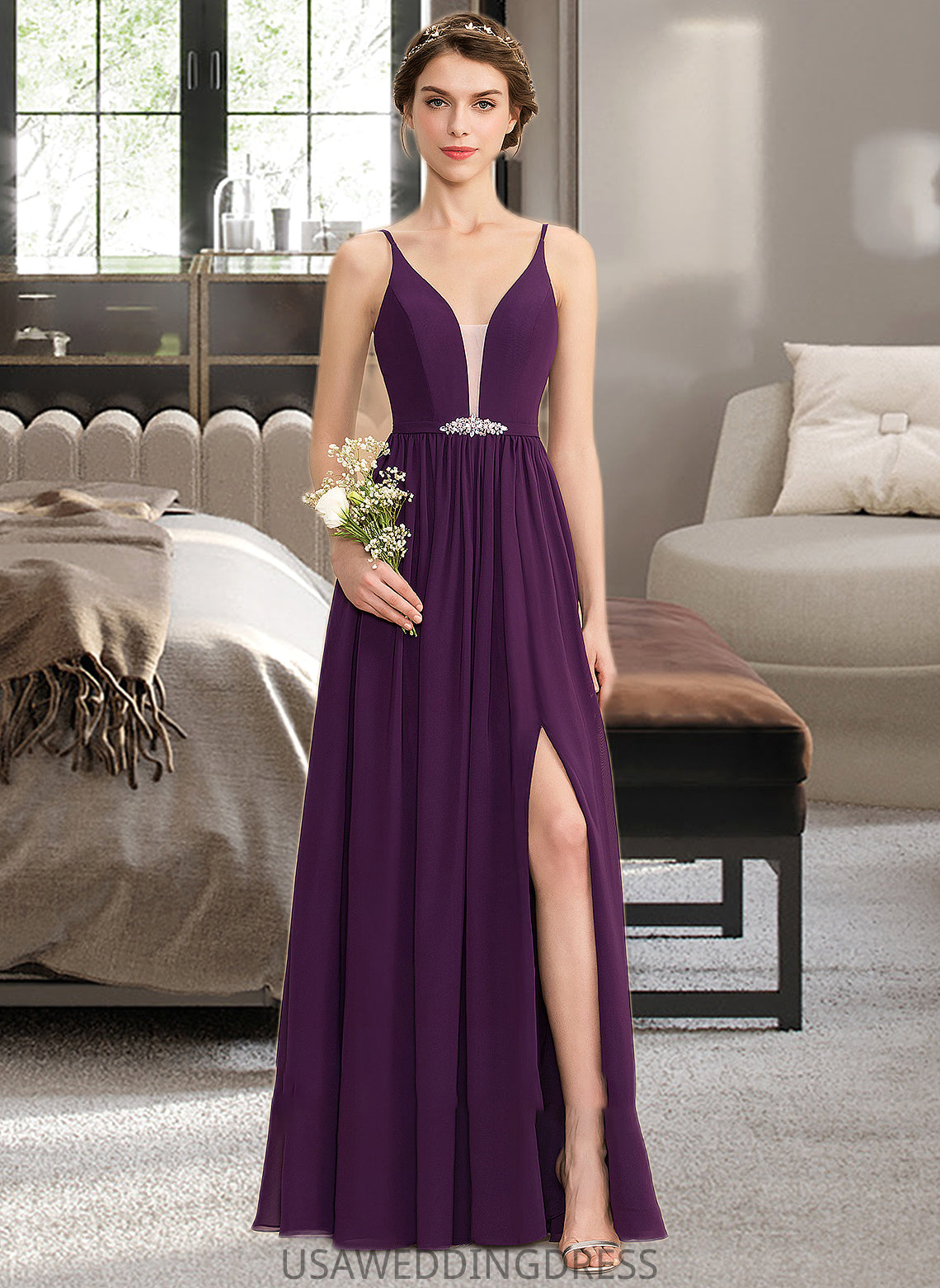 Gill A-Line V-neck Floor-Length Chiffon Bridesmaid Dress With Beading Sequins Split Front Pockets DSP0013028