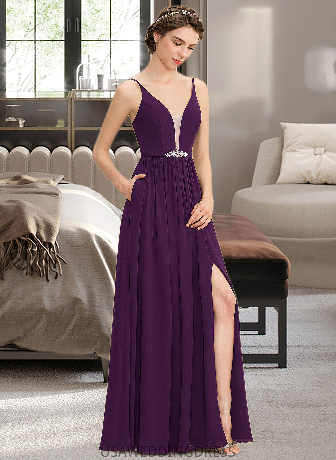 Gill A-Line V-neck Floor-Length Chiffon Bridesmaid Dress With Beading Sequins Split Front Pockets DSP0013028