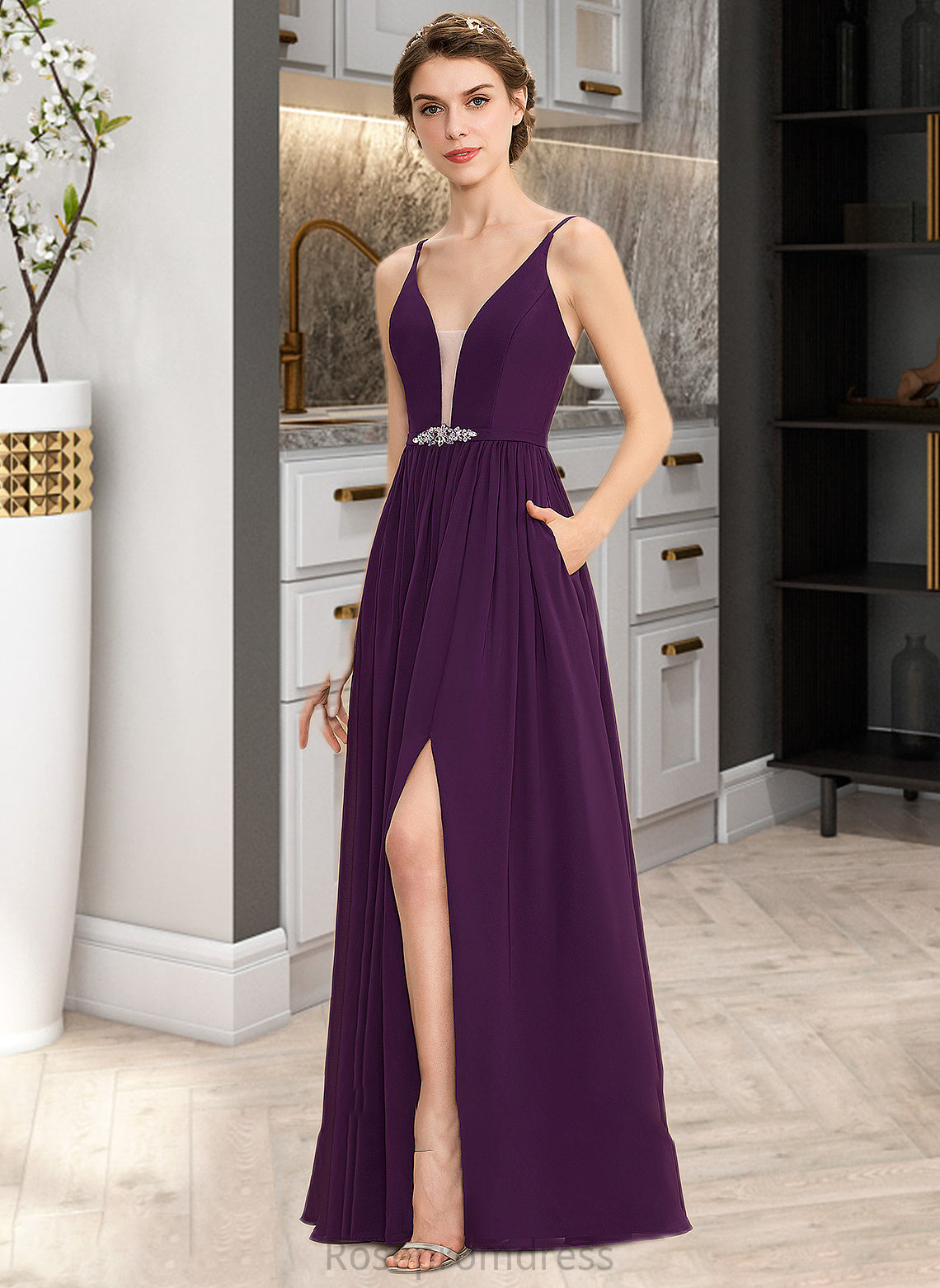 Adison A-Line V-neck Floor-Length Chiffon Bridesmaid Dress With Beading Sequins Split Front Pockets SRSP0013028