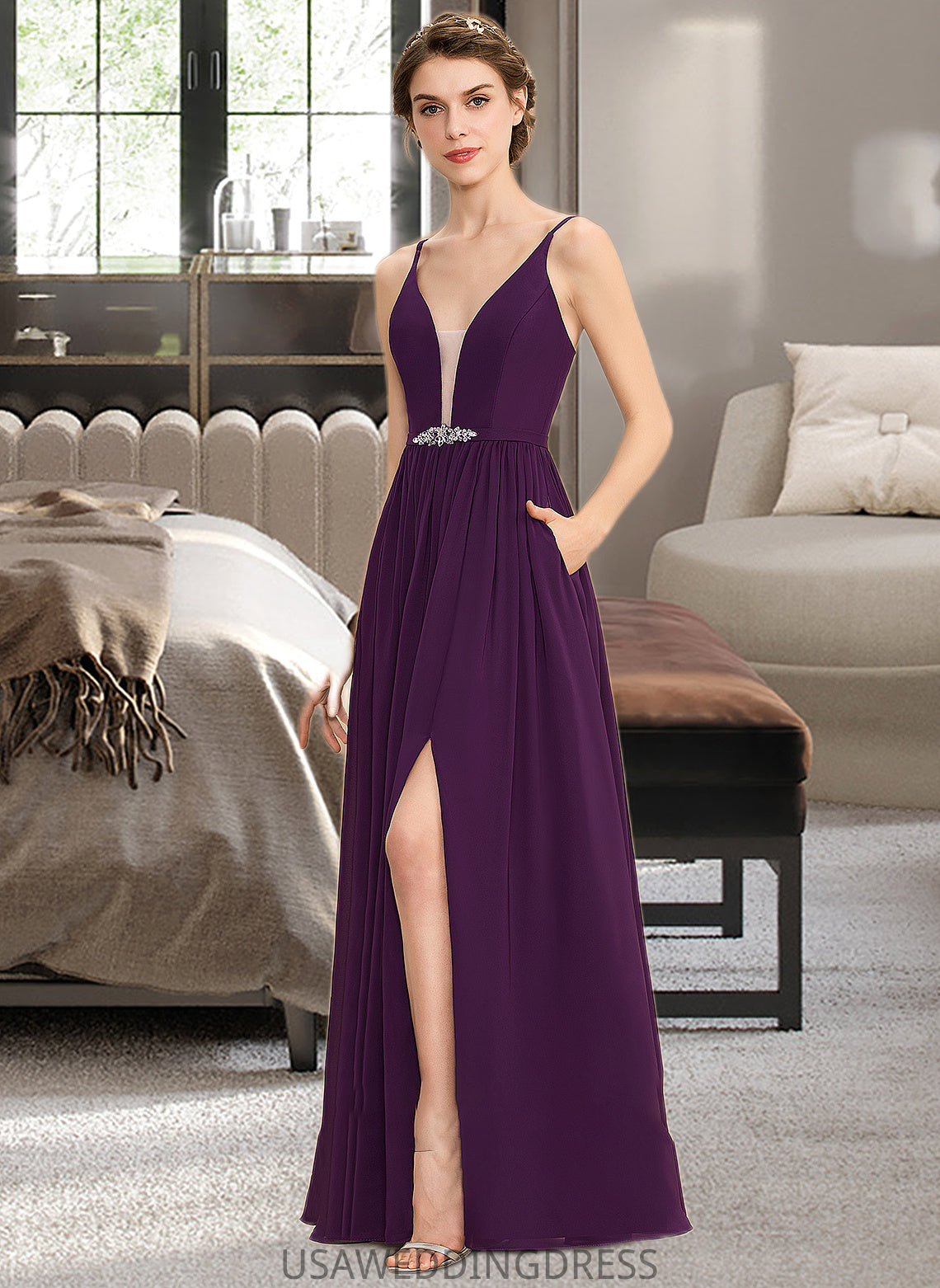 Gill A-Line V-neck Floor-Length Chiffon Bridesmaid Dress With Beading Sequins Split Front Pockets DSP0013028