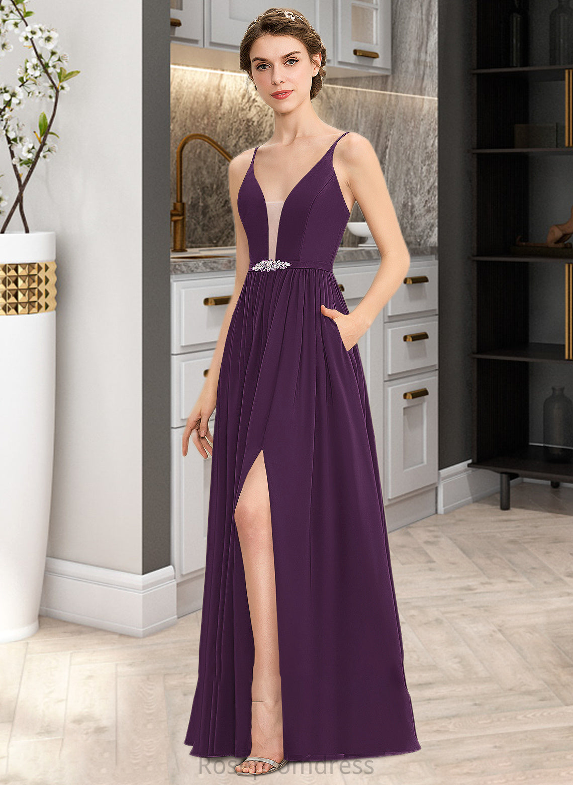 Adison A-Line V-neck Floor-Length Chiffon Bridesmaid Dress With Beading Sequins Split Front Pockets SRSP0013028