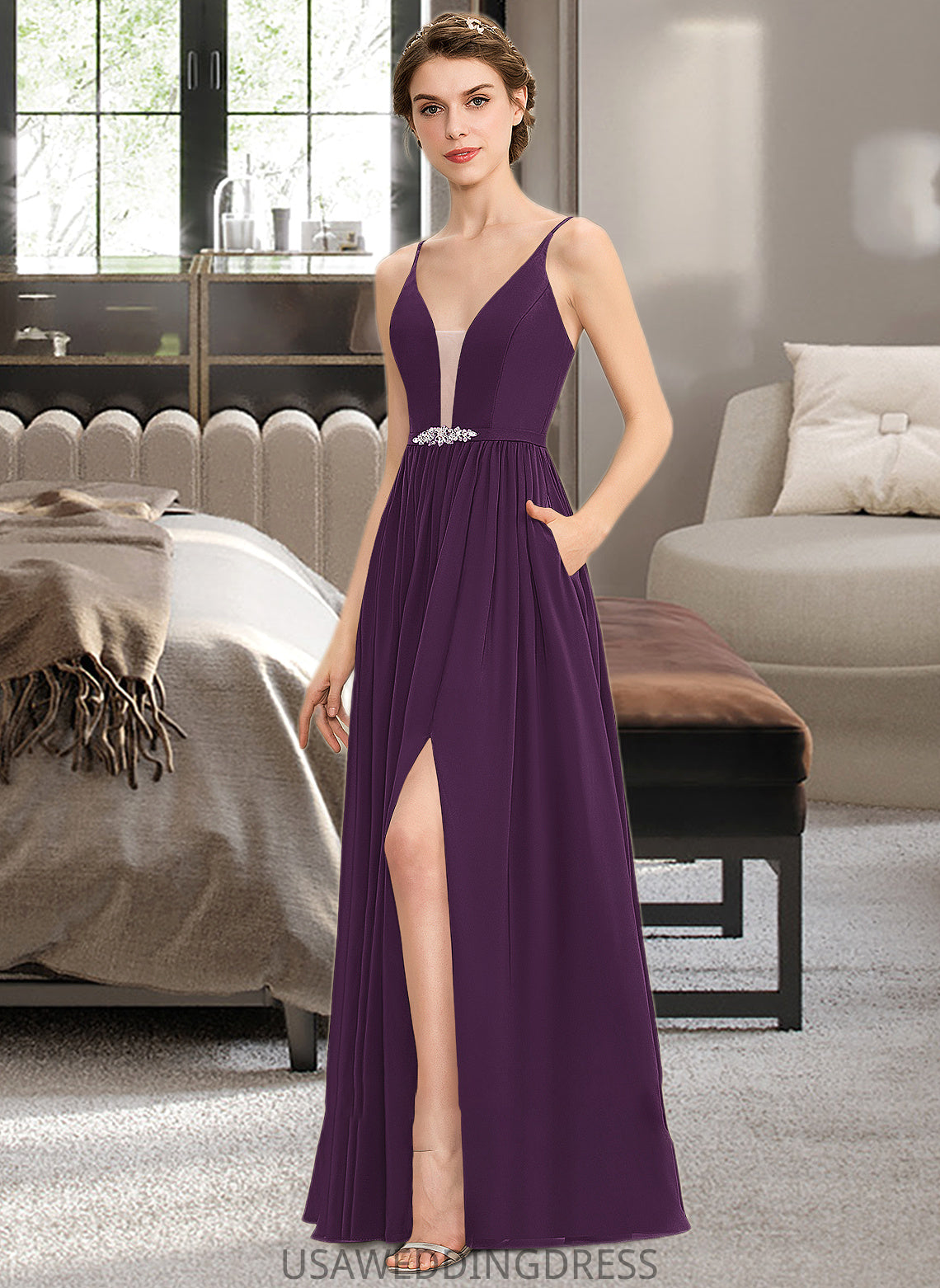 Gill A-Line V-neck Floor-Length Chiffon Bridesmaid Dress With Beading Sequins Split Front Pockets DSP0013028