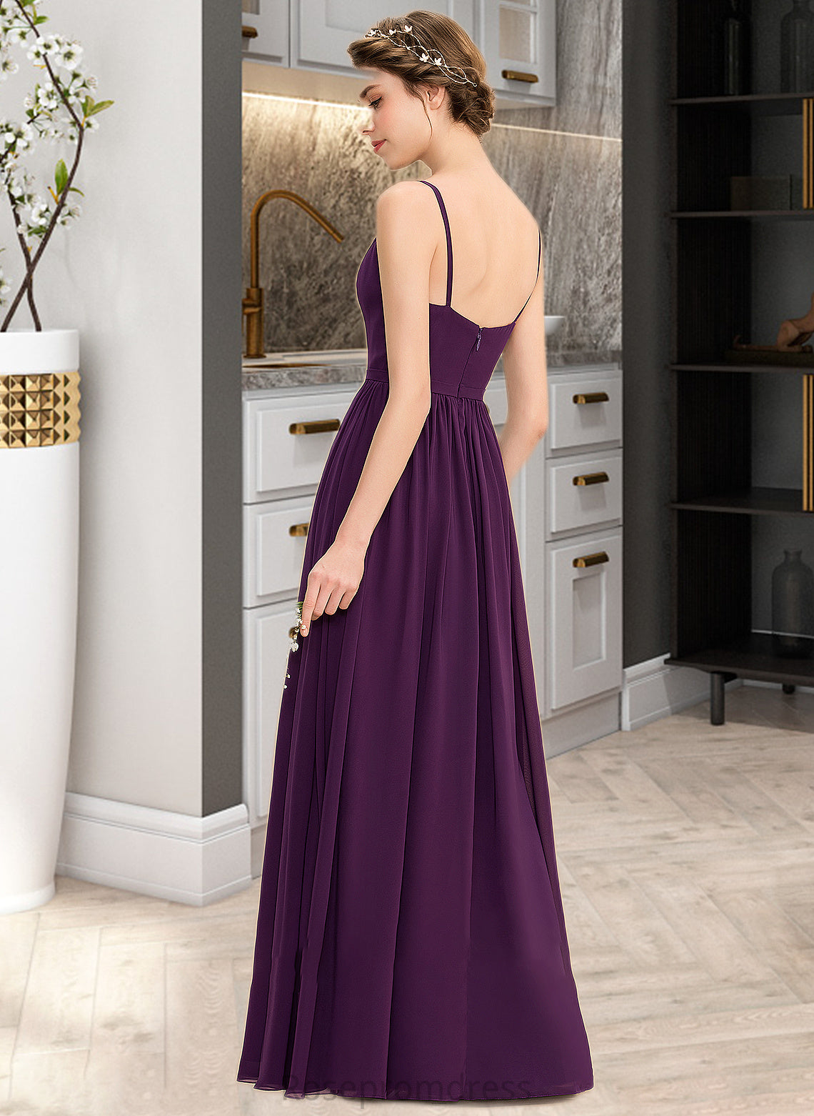 Adison A-Line V-neck Floor-Length Chiffon Bridesmaid Dress With Beading Sequins Split Front Pockets SRSP0013028