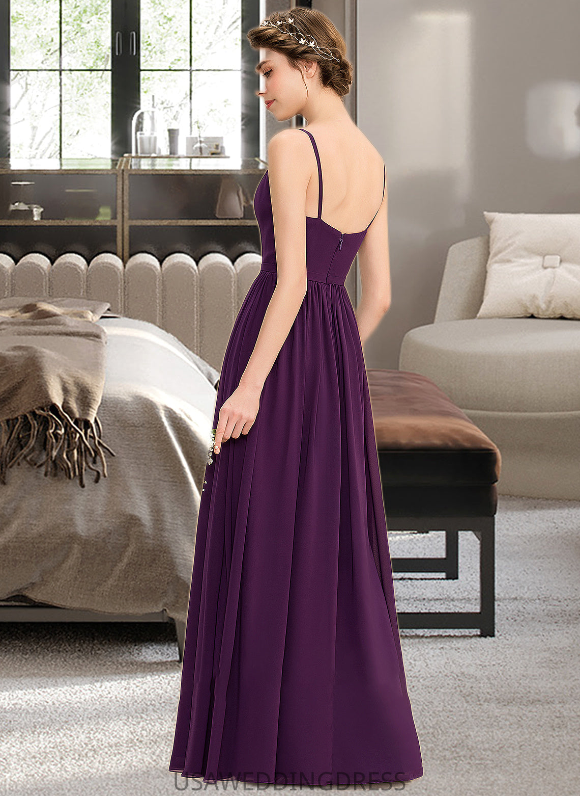 Gill A-Line V-neck Floor-Length Chiffon Bridesmaid Dress With Beading Sequins Split Front Pockets DSP0013028
