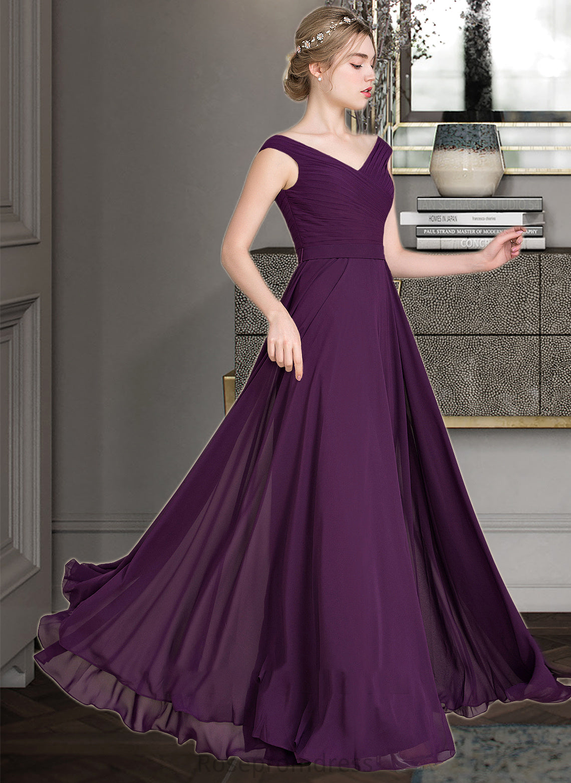 Brooklyn A-line Off the Shoulder Floor-Length Chiffon Bridesmaid Dress With Ruffle SRSP0013029