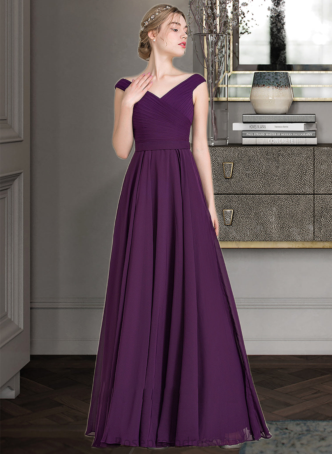 Brooklyn A-line Off the Shoulder Floor-Length Chiffon Bridesmaid Dress With Ruffle SRSP0013029