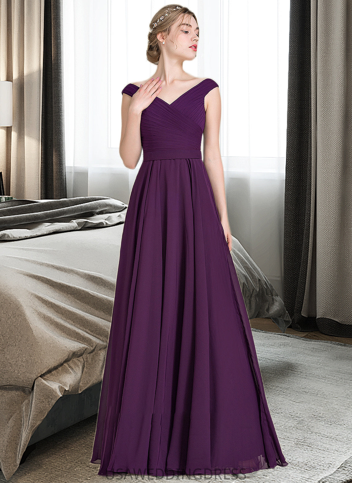 Sadie A-line Off the Shoulder Floor-Length Chiffon Bridesmaid Dress With Ruffle DSP0013029