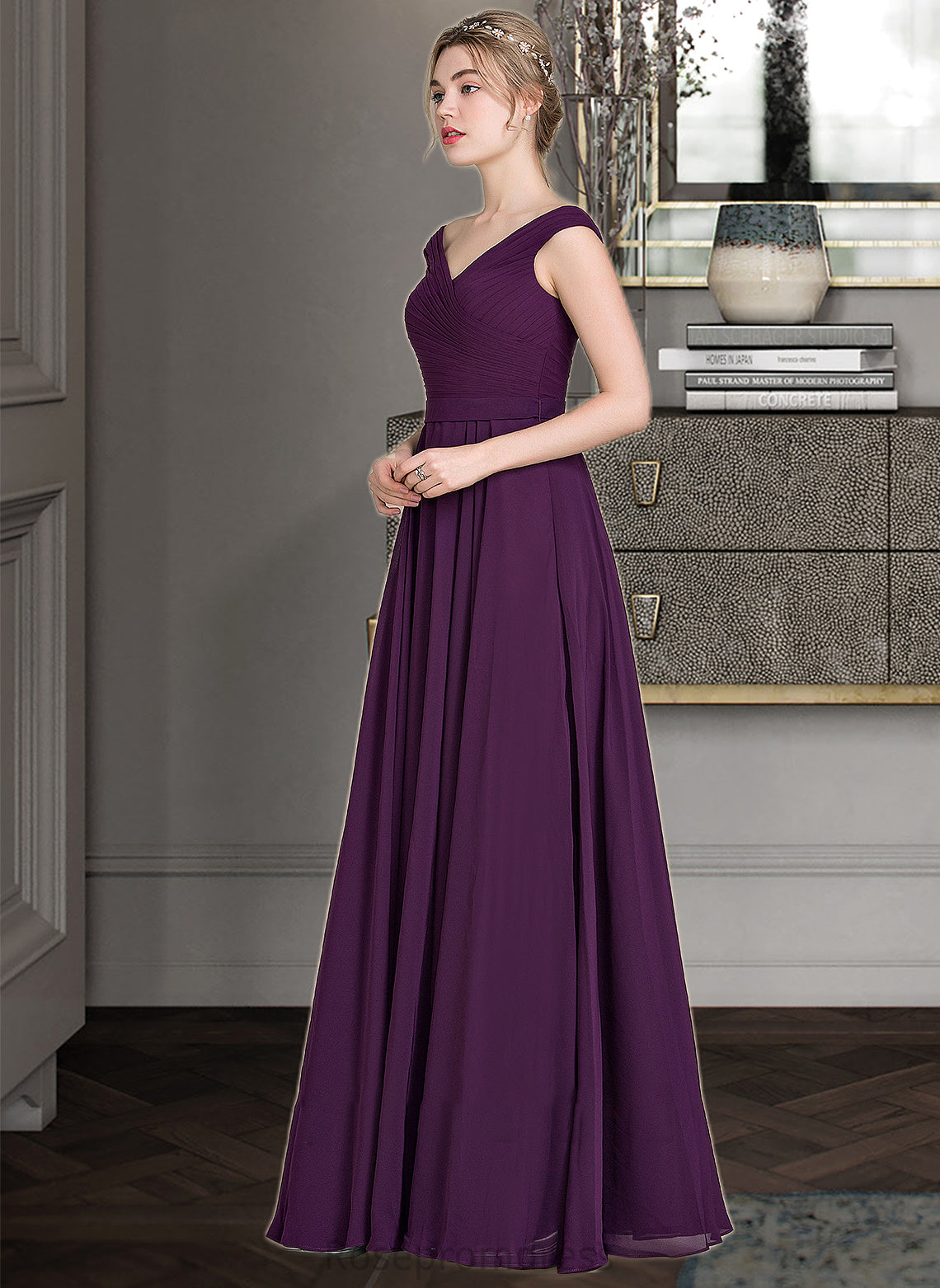 Brooklyn A-line Off the Shoulder Floor-Length Chiffon Bridesmaid Dress With Ruffle SRSP0013029