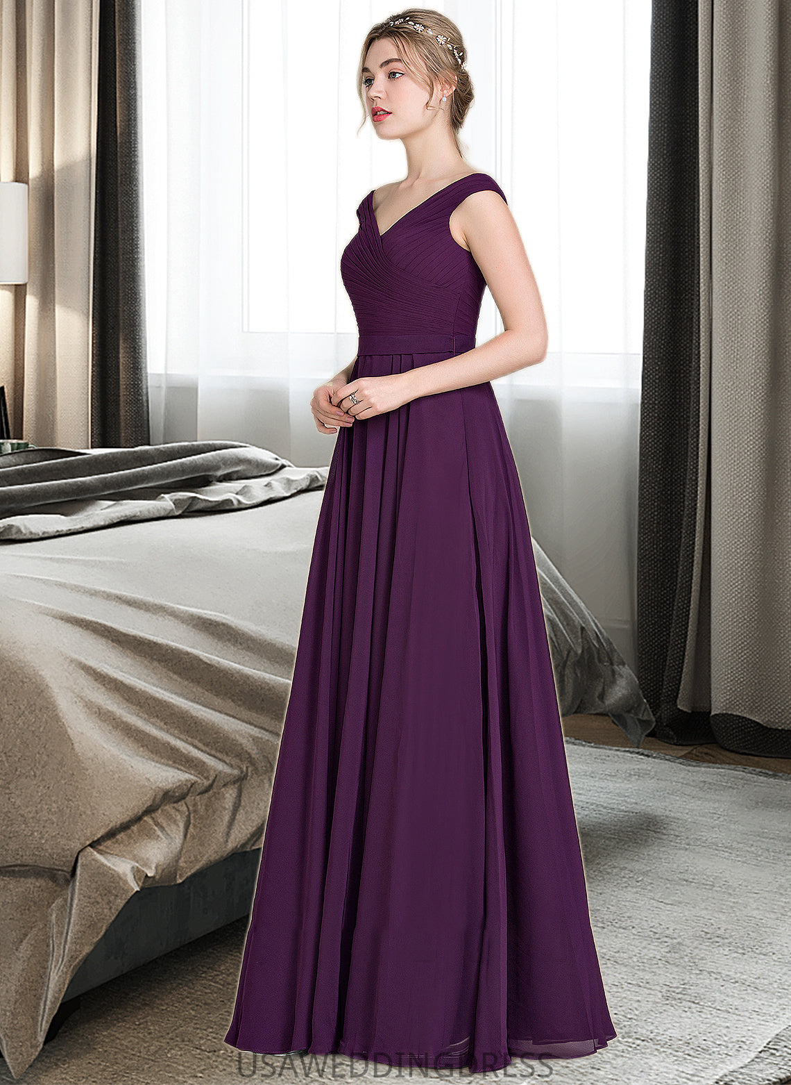 Sadie A-line Off the Shoulder Floor-Length Chiffon Bridesmaid Dress With Ruffle DSP0013029