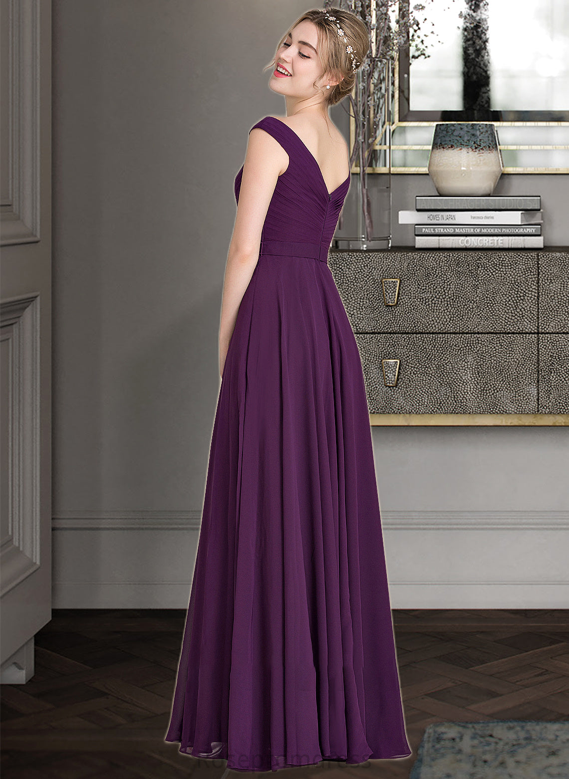 Brooklyn A-line Off the Shoulder Floor-Length Chiffon Bridesmaid Dress With Ruffle SRSP0013029