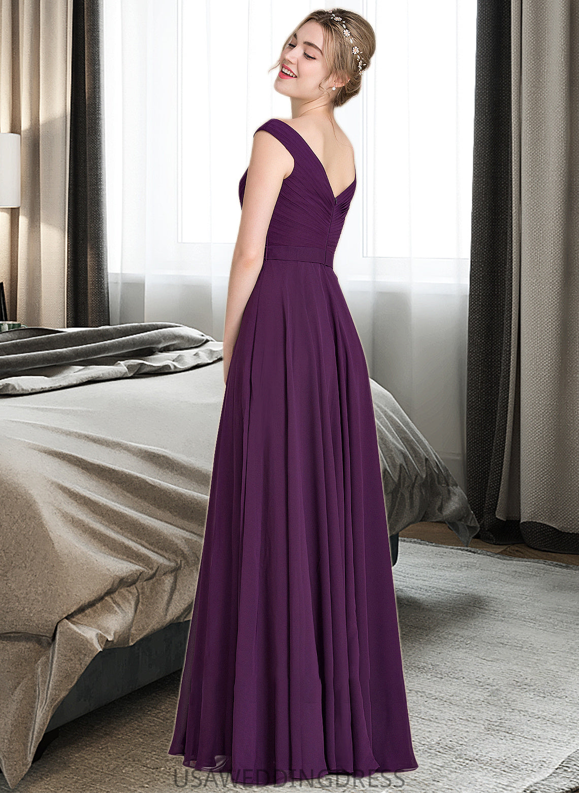 Sadie A-line Off the Shoulder Floor-Length Chiffon Bridesmaid Dress With Ruffle DSP0013029