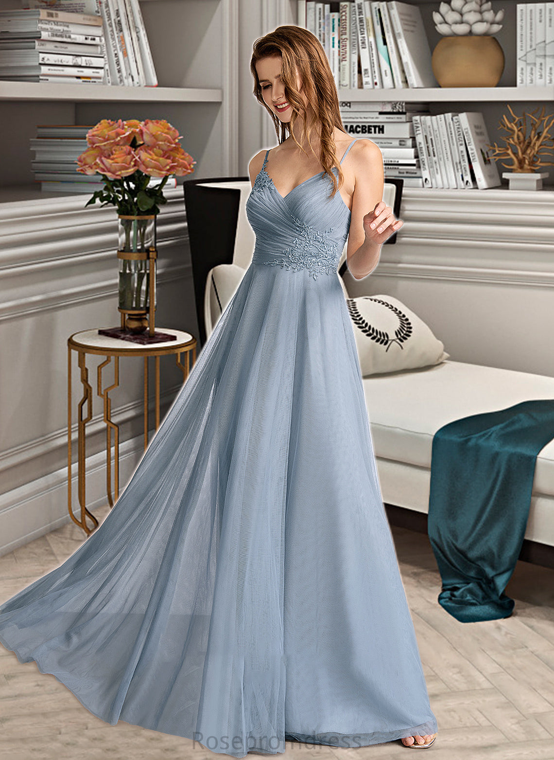 Keely A-Line V-neck Floor-Length Bridesmaid Dress With Lace SRSP0013030