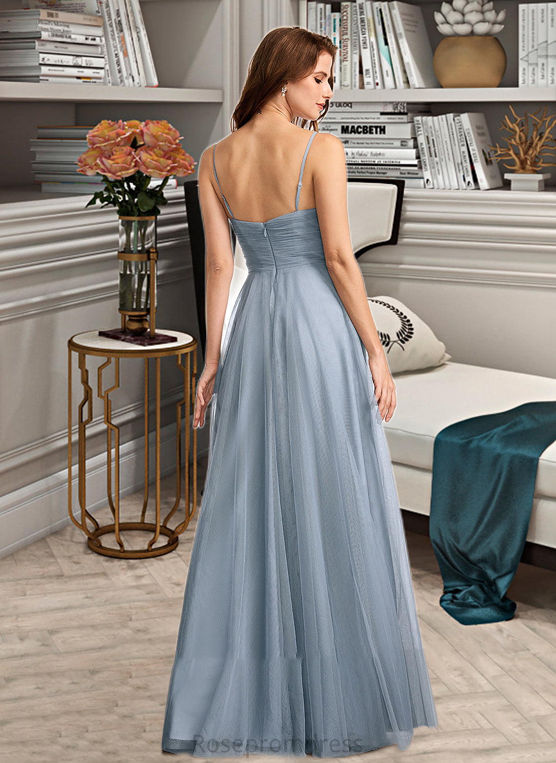 Keely A-Line V-neck Floor-Length Bridesmaid Dress With Lace SRSP0013030