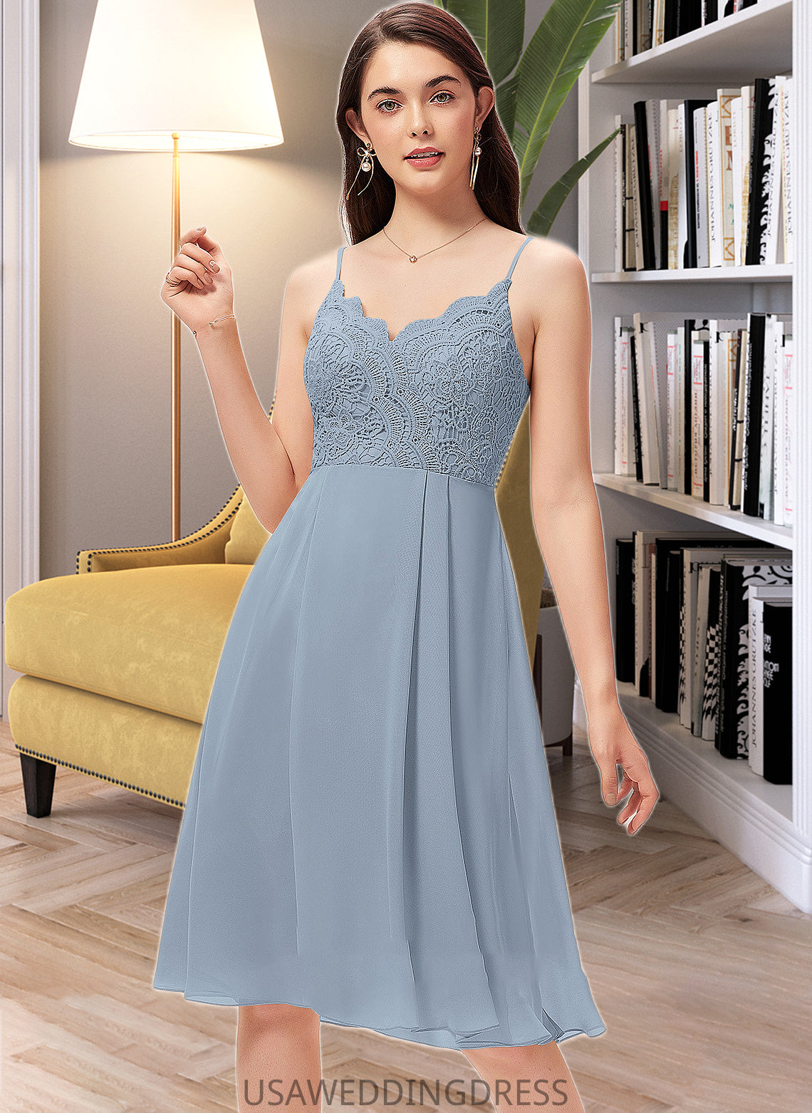 Izabelle A-Line V-neck Knee-Length Chiffon Lace Bridesmaid Dress DSP0013032