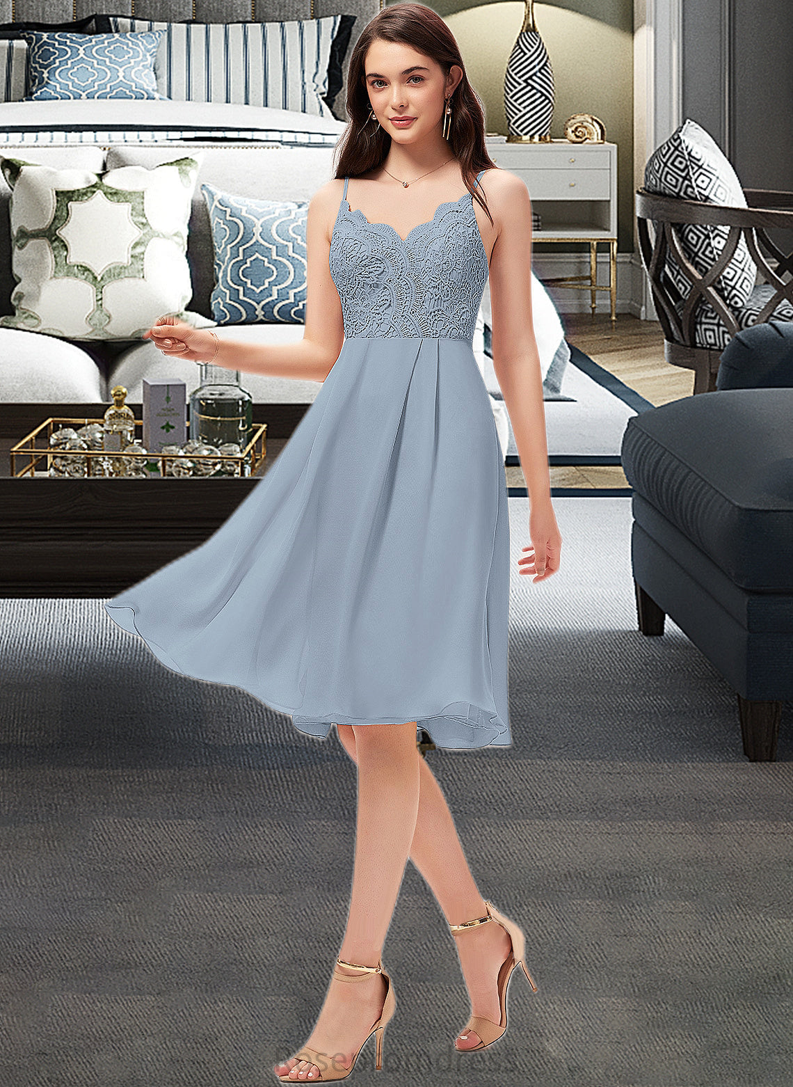 Adyson A-Line V-neck Knee-Length Chiffon Lace Bridesmaid Dress SRSP0013032
