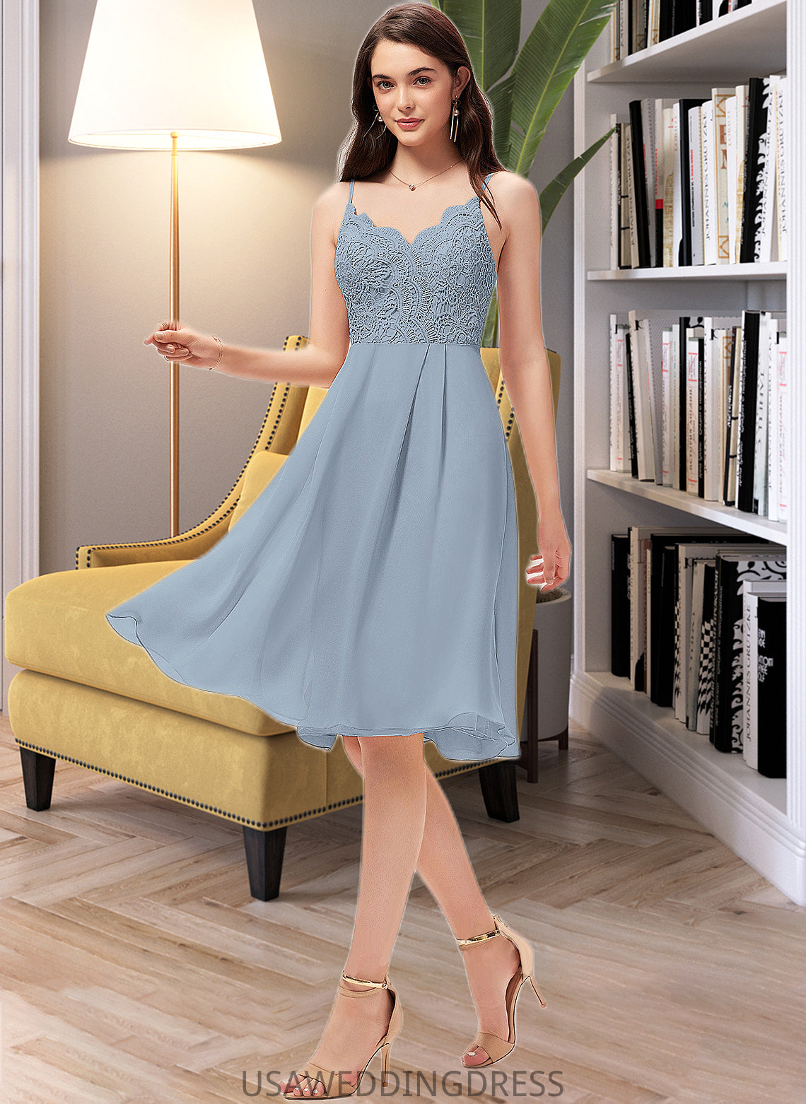 Izabelle A-Line V-neck Knee-Length Chiffon Lace Bridesmaid Dress DSP0013032