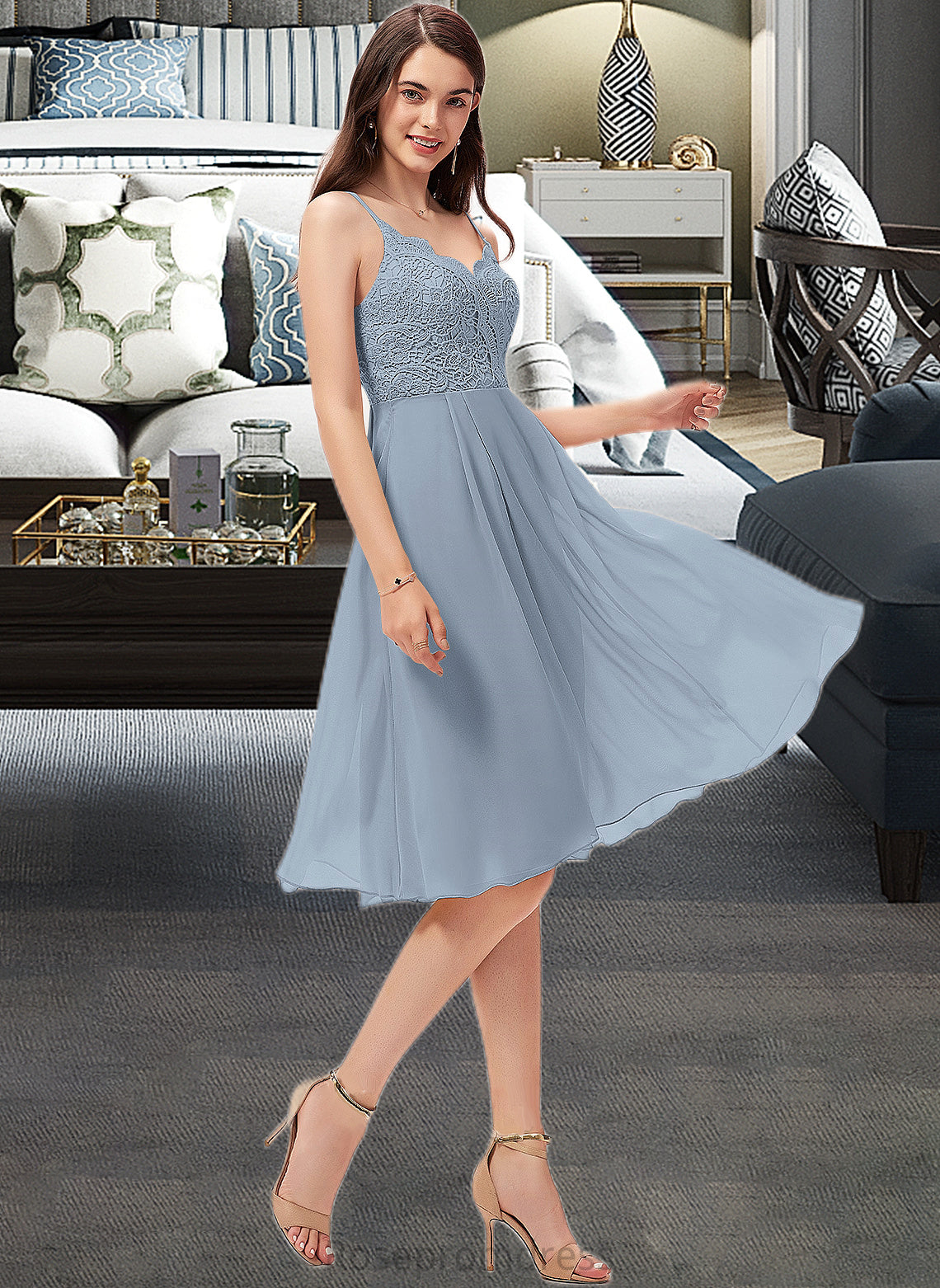 Adyson A-Line V-neck Knee-Length Chiffon Lace Bridesmaid Dress SRSP0013032