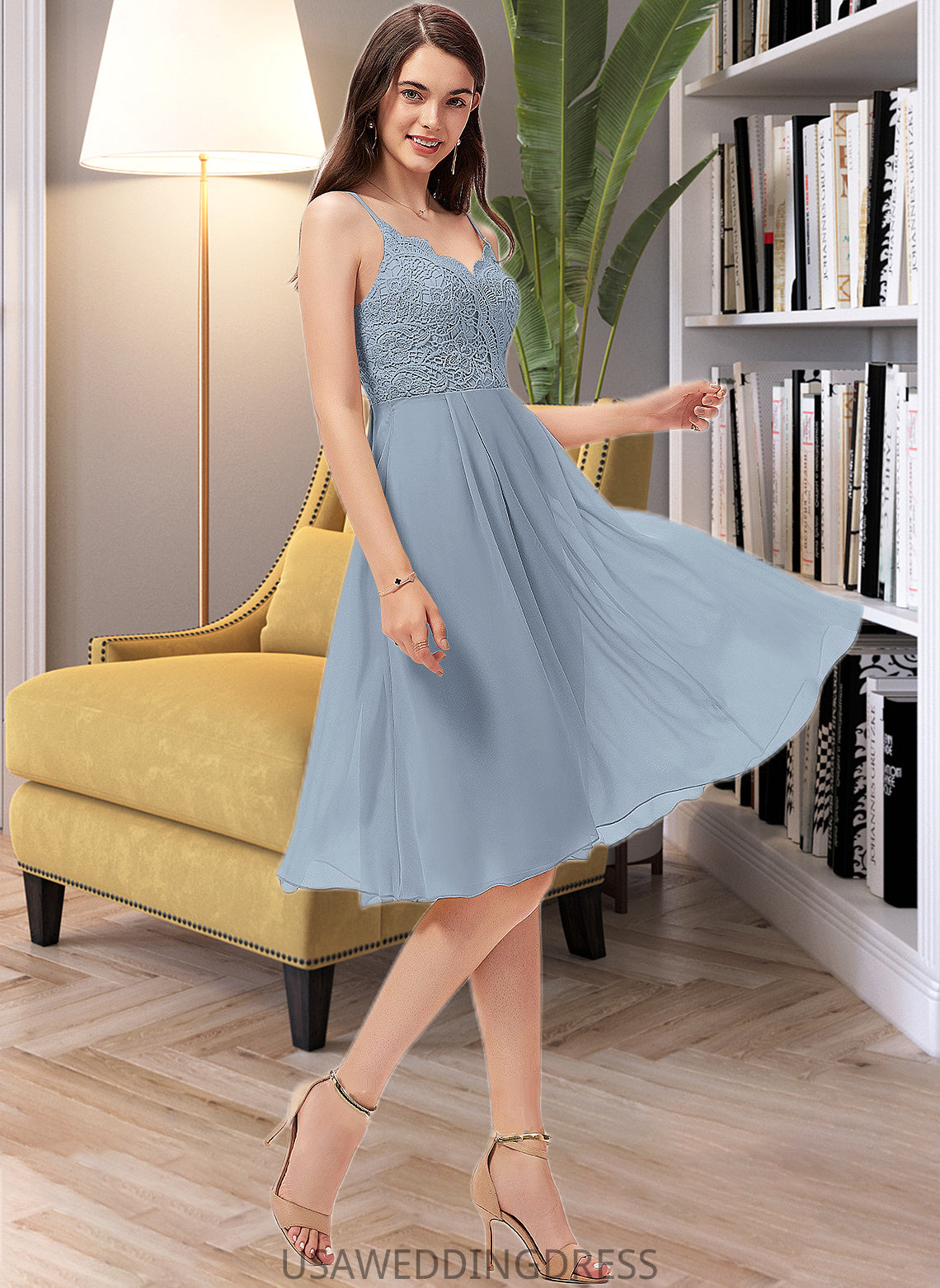 Izabelle A-Line V-neck Knee-Length Chiffon Lace Bridesmaid Dress DSP0013032