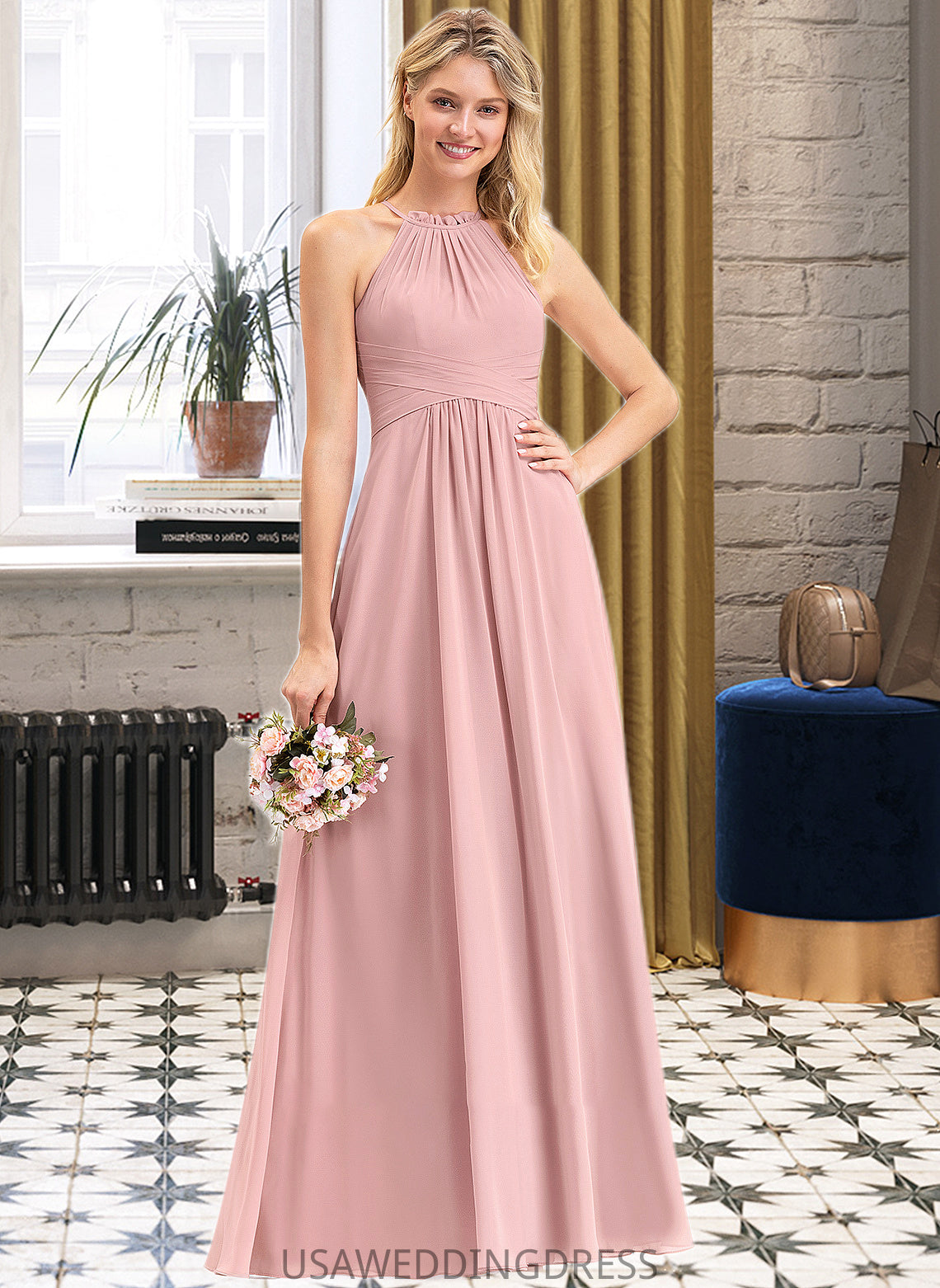 Yvonne A-Line Scoop Neck Floor-Length Chiffon Bridesmaid Dress With Bow(s) Cascading Ruffles DSP0013033