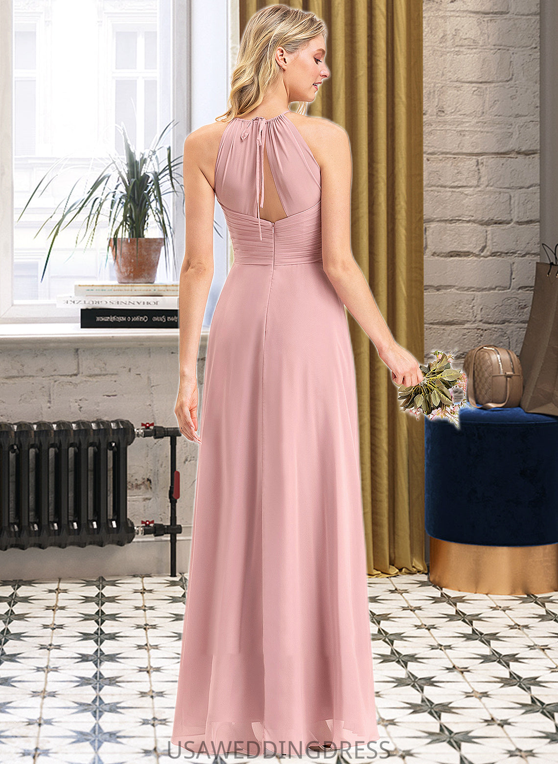 Yvonne A-Line Scoop Neck Floor-Length Chiffon Bridesmaid Dress With Bow(s) Cascading Ruffles DSP0013033
