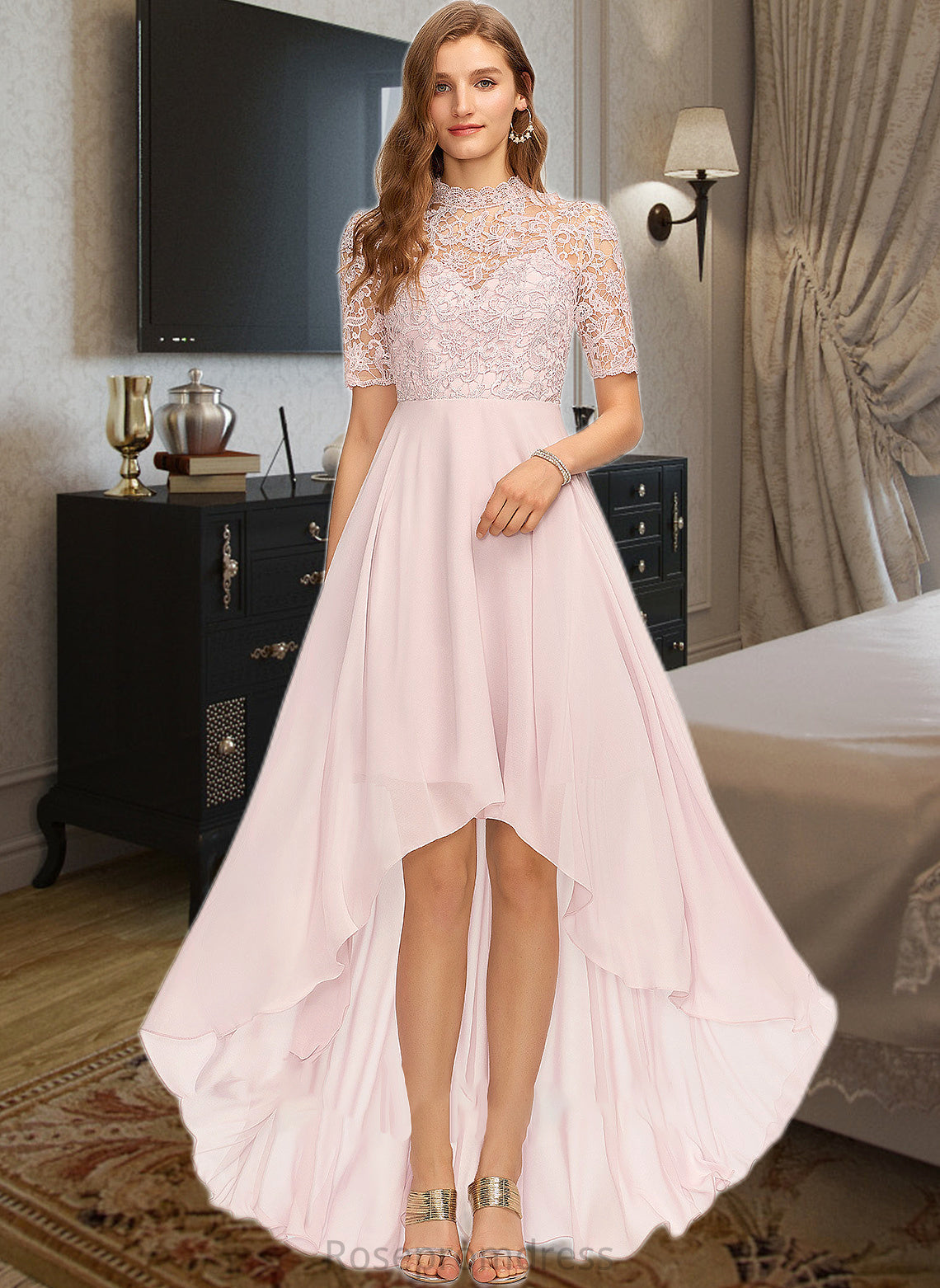 Frederica A-Line High Neck Asymmetrical Chiffon Bridesmaid Dress SRSP0013037