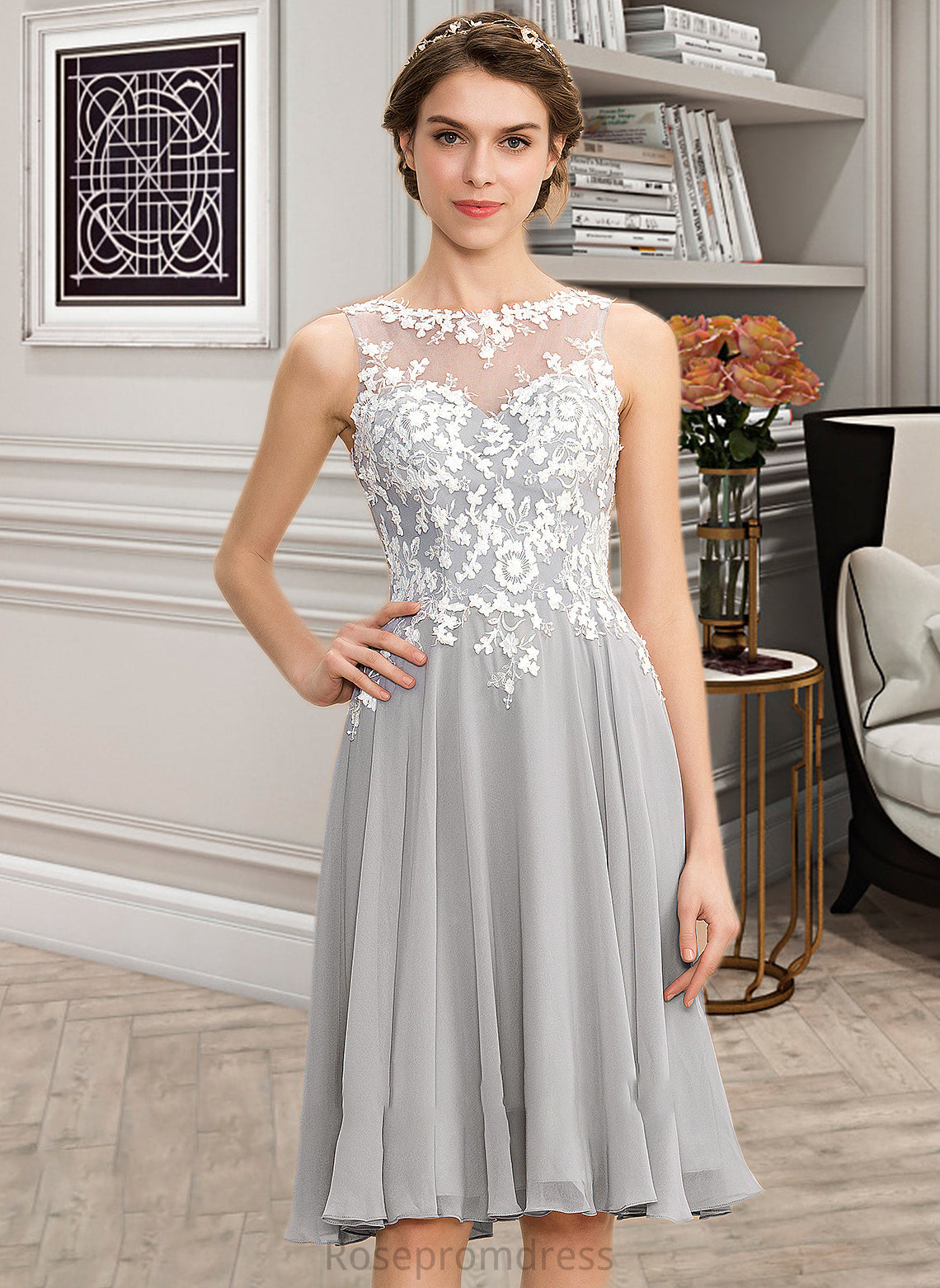 Melanie A-Line Scoop Neck Knee-Length Chiffon Lace Bridesmaid Dress SRSP0013038