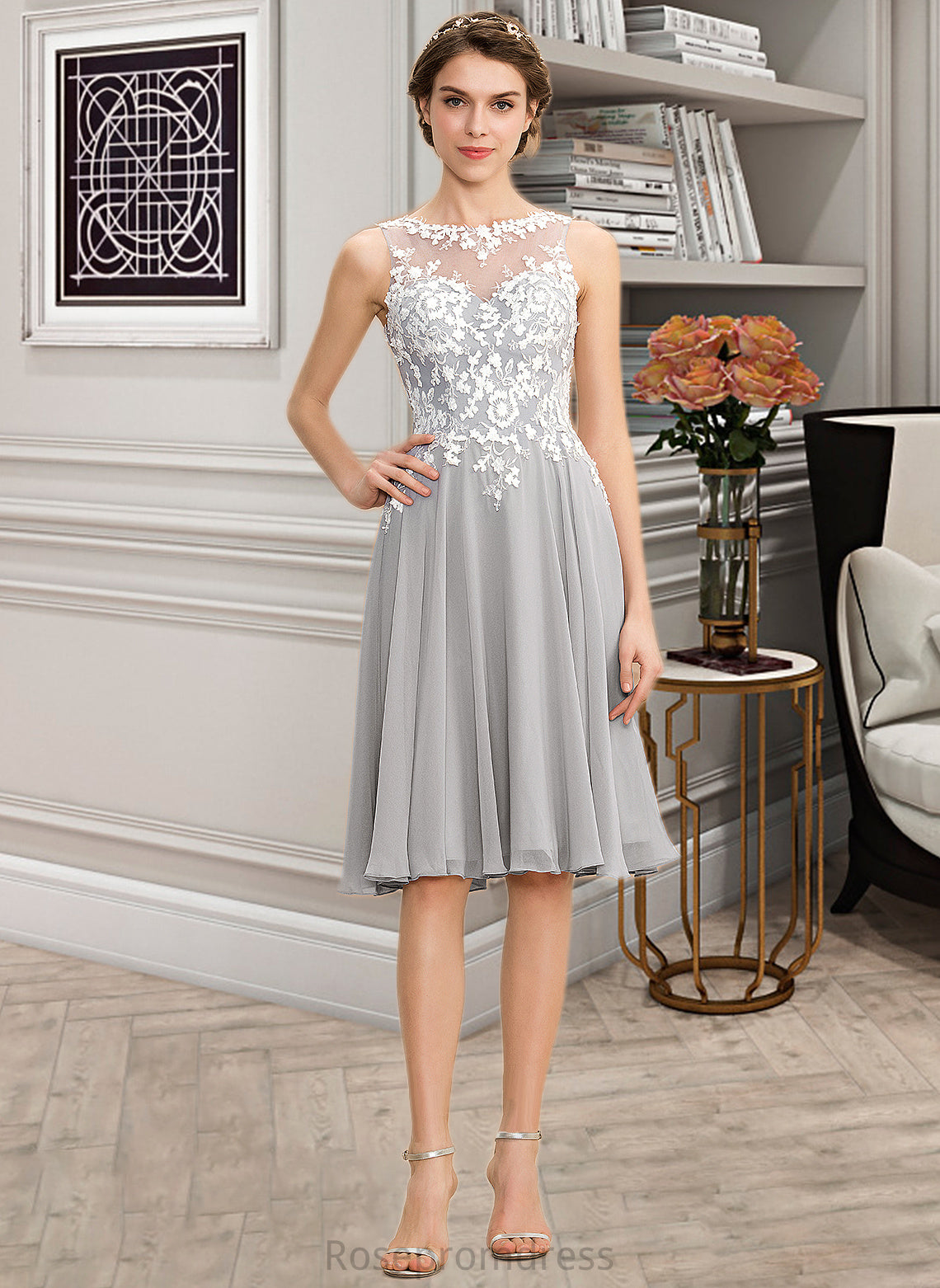 Melanie A-Line Scoop Neck Knee-Length Chiffon Lace Bridesmaid Dress SRSP0013038