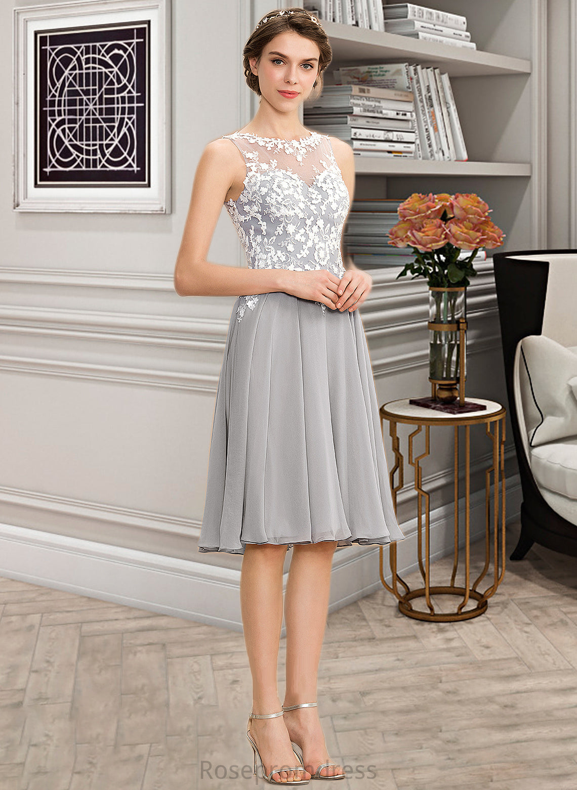 Melanie A-Line Scoop Neck Knee-Length Chiffon Lace Bridesmaid Dress SRSP0013038