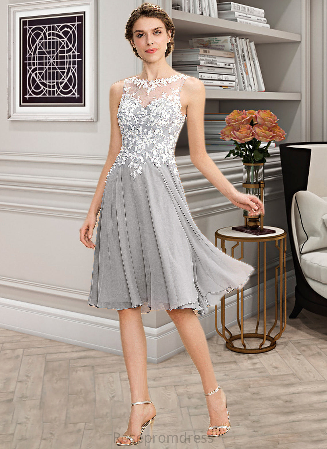Melanie A-Line Scoop Neck Knee-Length Chiffon Lace Bridesmaid Dress SRSP0013038
