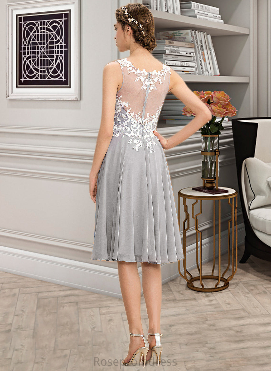 Melanie A-Line Scoop Neck Knee-Length Chiffon Lace Bridesmaid Dress SRSP0013038