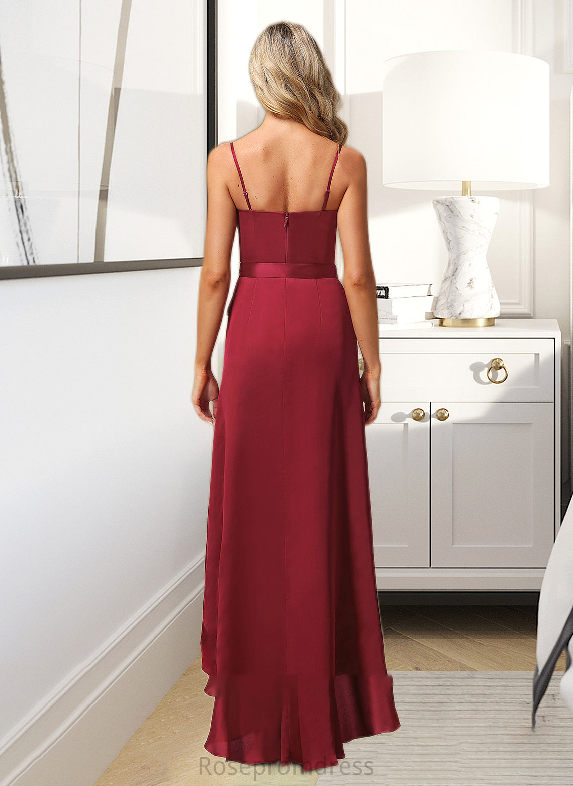 Lena A-Line V-neck Asymmetrical Bridesmaid Dress With Split Front SRSP0013041